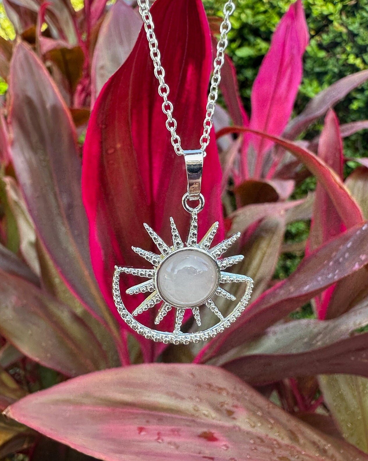 Rose Quartz Sun Moon Pendant Necklace