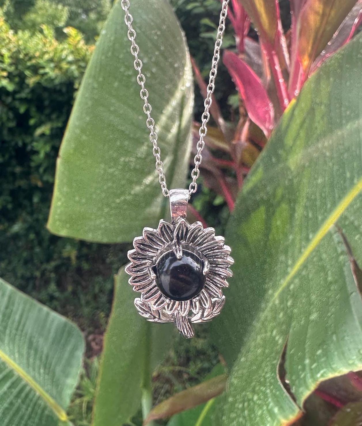 Obsidian Sunflower Pendant Necklace