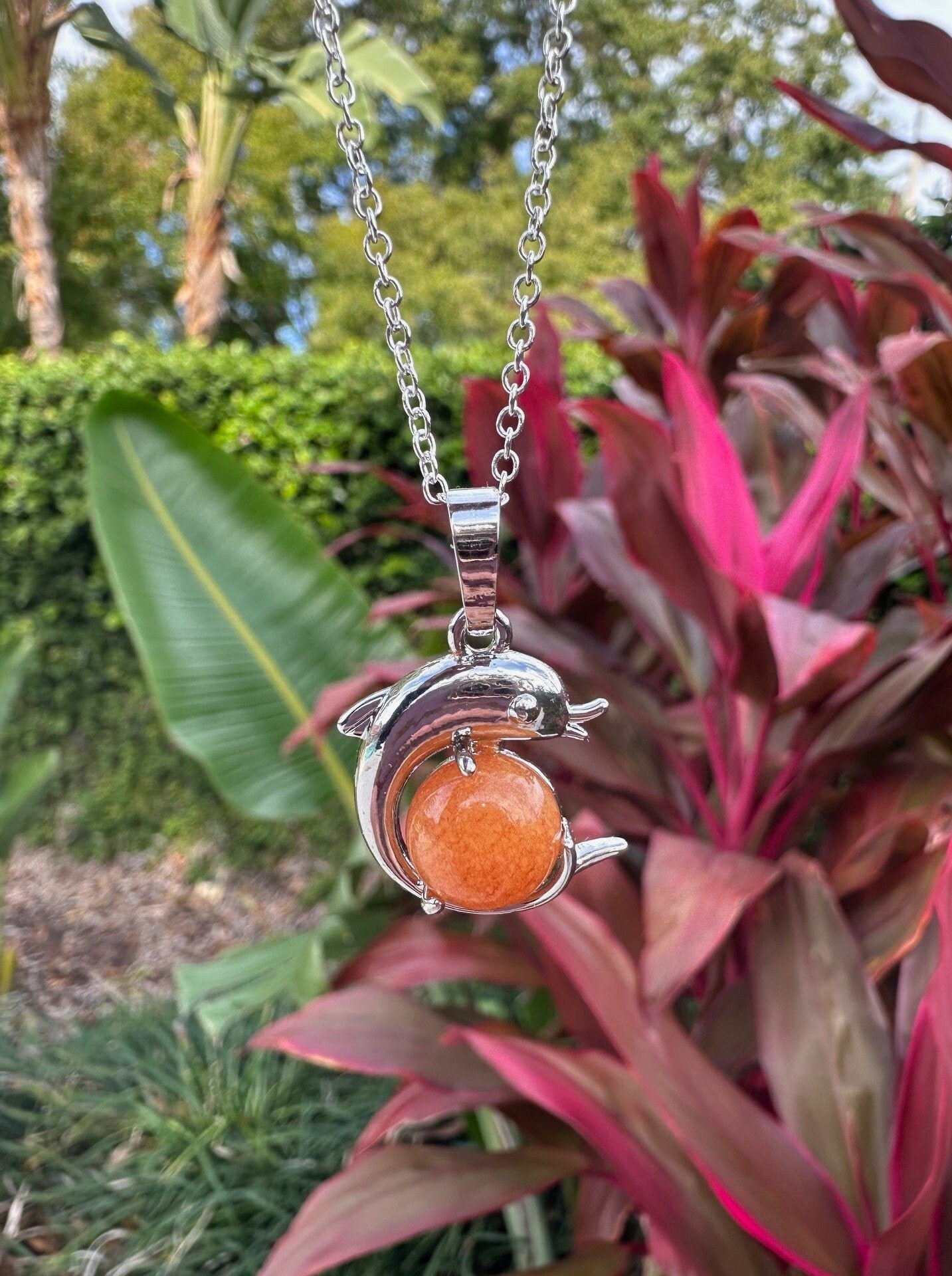 Orange Aventurine Dolphin Pendant Necklace