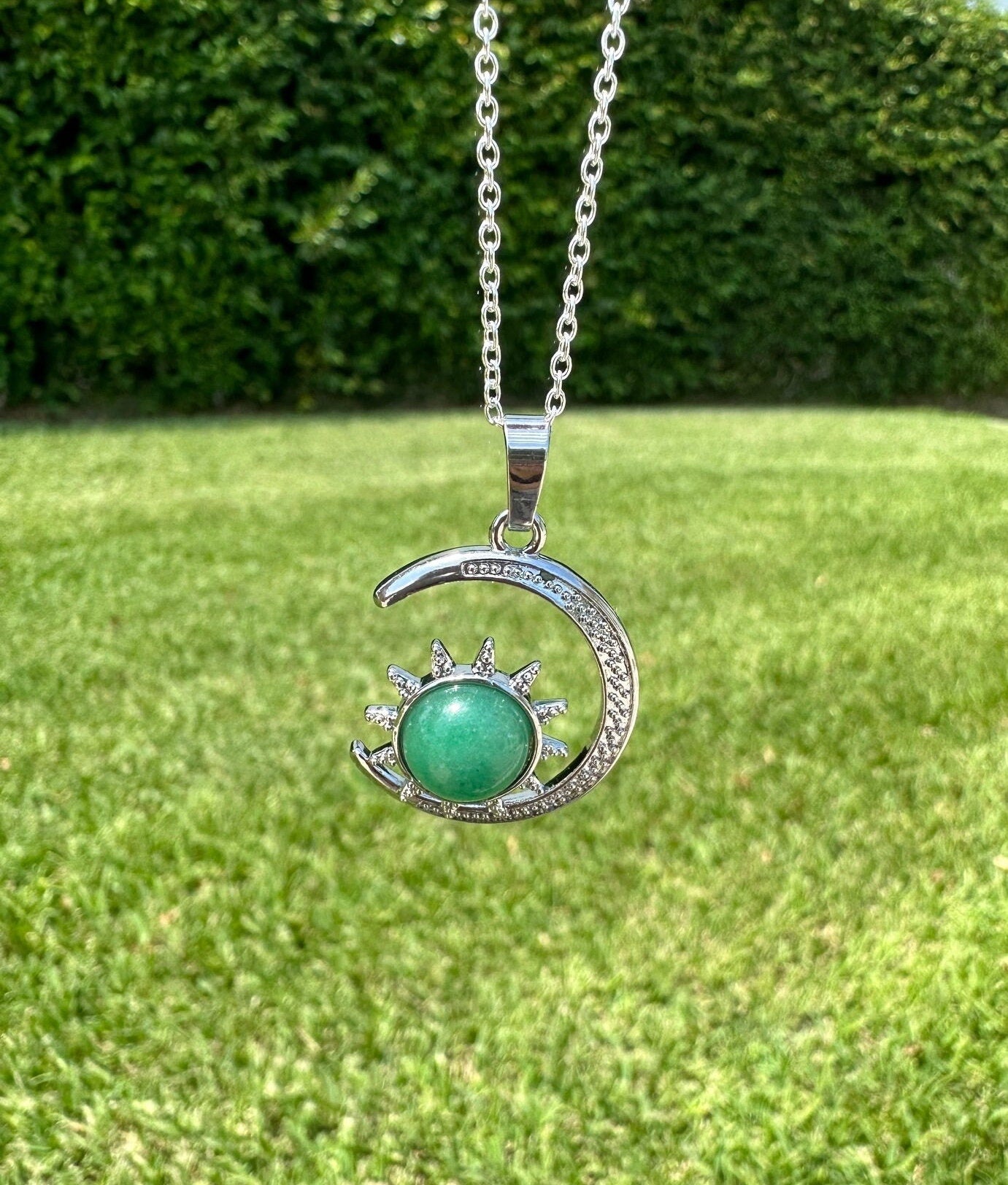 Green Aventurine Crescent Sun Pendant Necklace