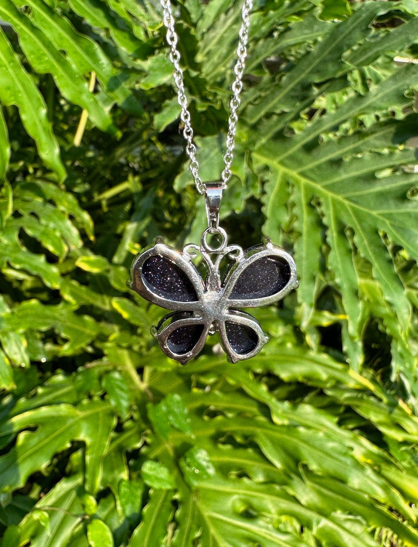 Blue Goldstone Butterfly Pendant Necklace