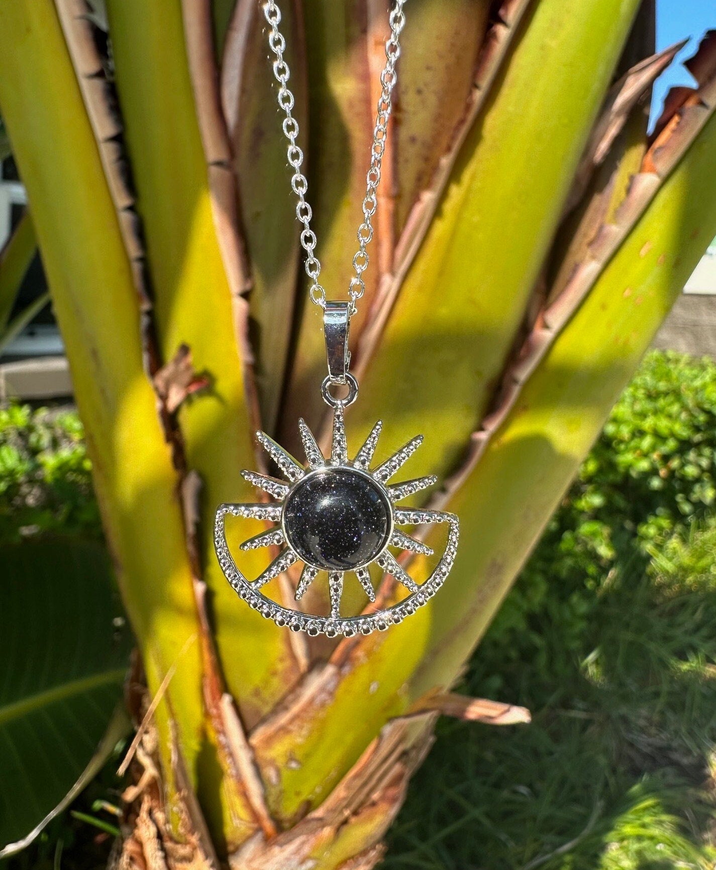 Blue Goldstone Sun Moon Pendant Necklace
