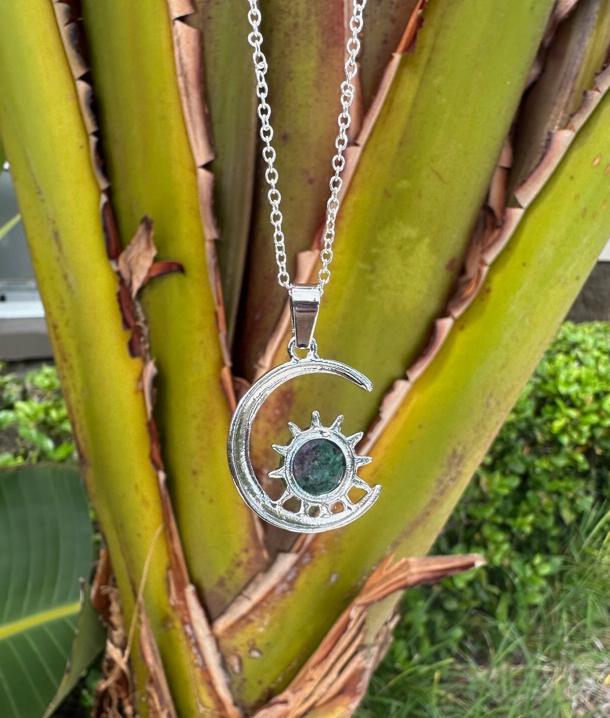 Ruby Zoisite Crescent Sun Pendant Necklace