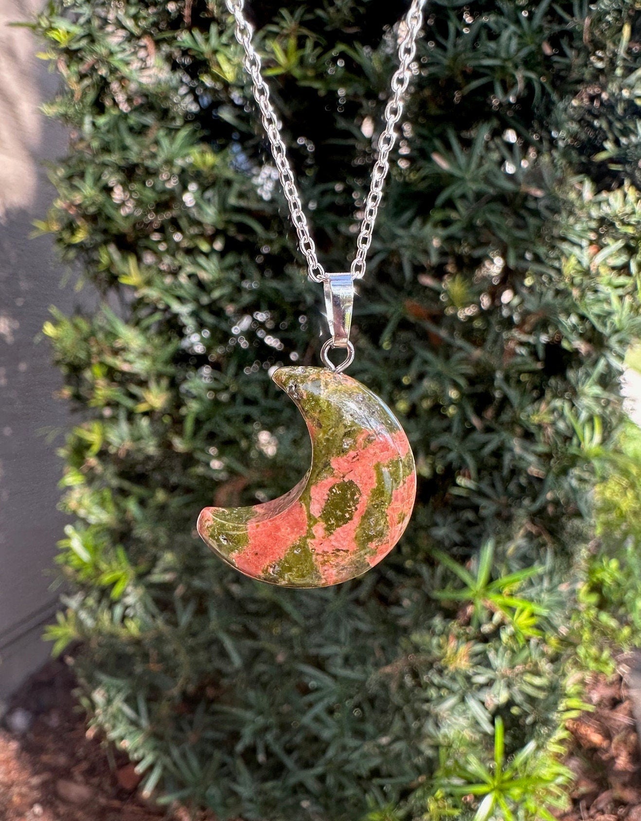 Unakite Crescent Pendant Necklace