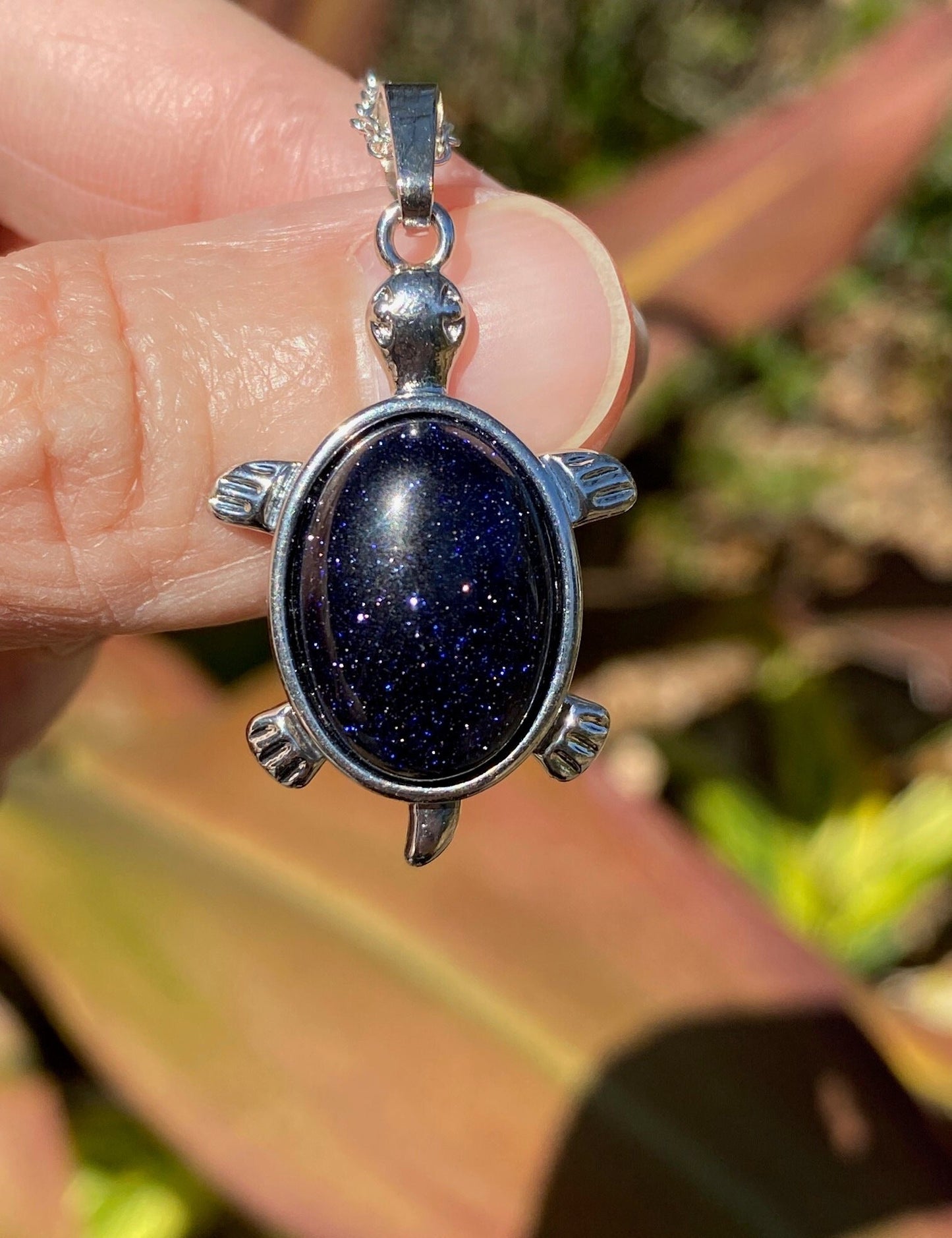 Blue Goldstone Turtle Pendant Necklace