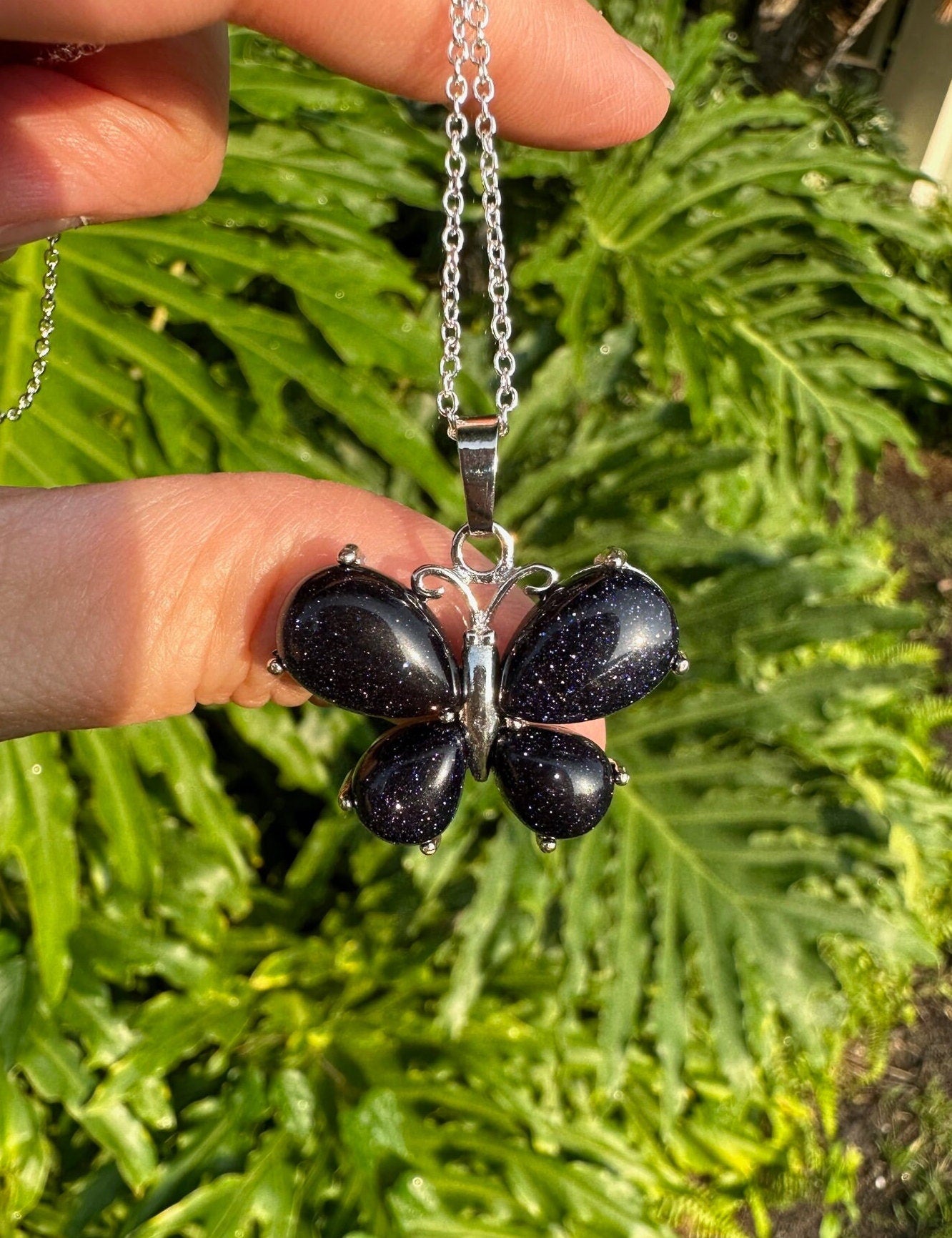 Blue Goldstone Butterfly Pendant Necklace