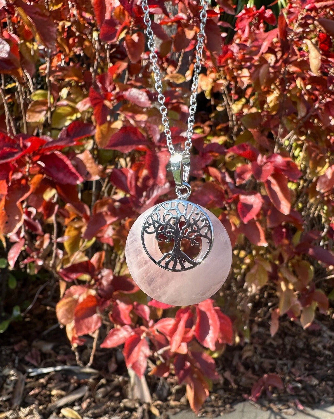 Rose Quartz Tree of Life Pendant Necklace