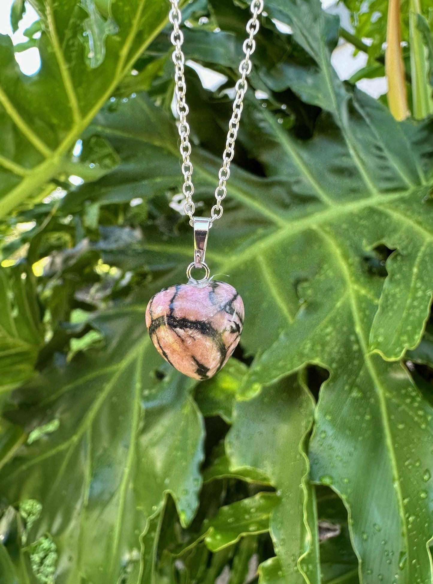 Dainty Rhodonite Heart Pendant Necklace