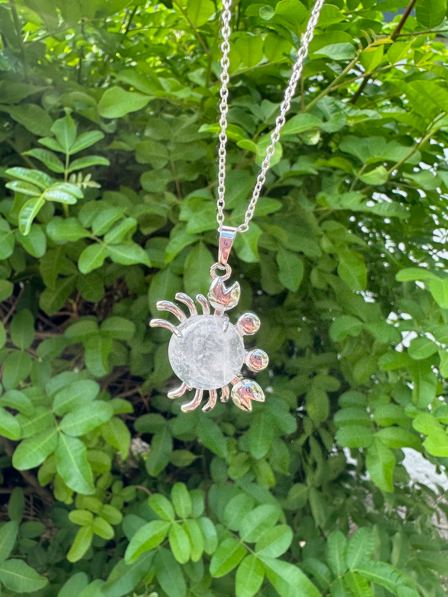 Round Clear Quartz Crab Pendant Necklace