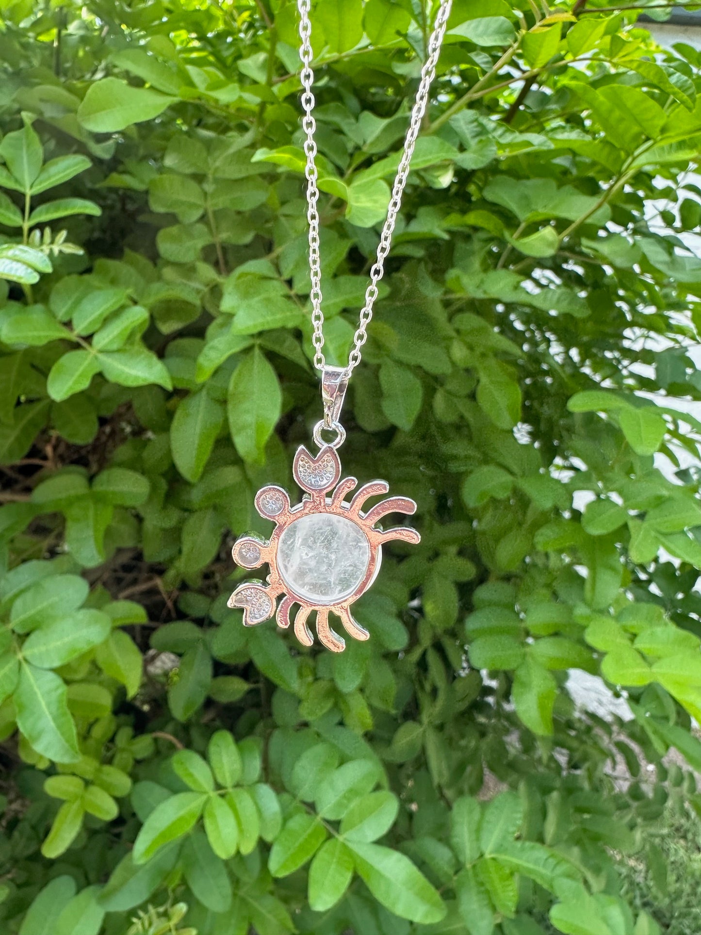 Round Clear Quartz Crab Pendant Necklace