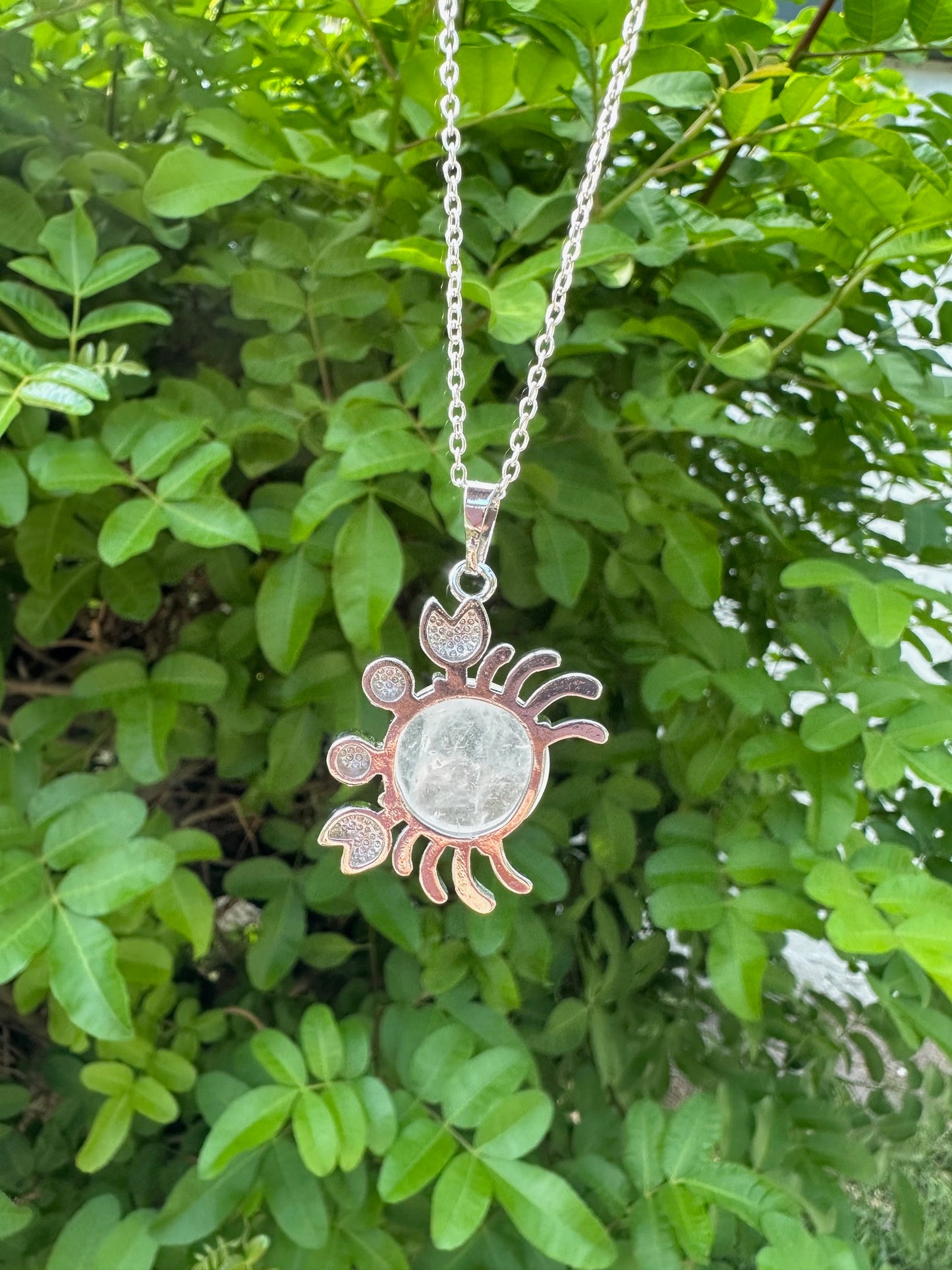 Round Clear Quartz Crab Pendant Necklace