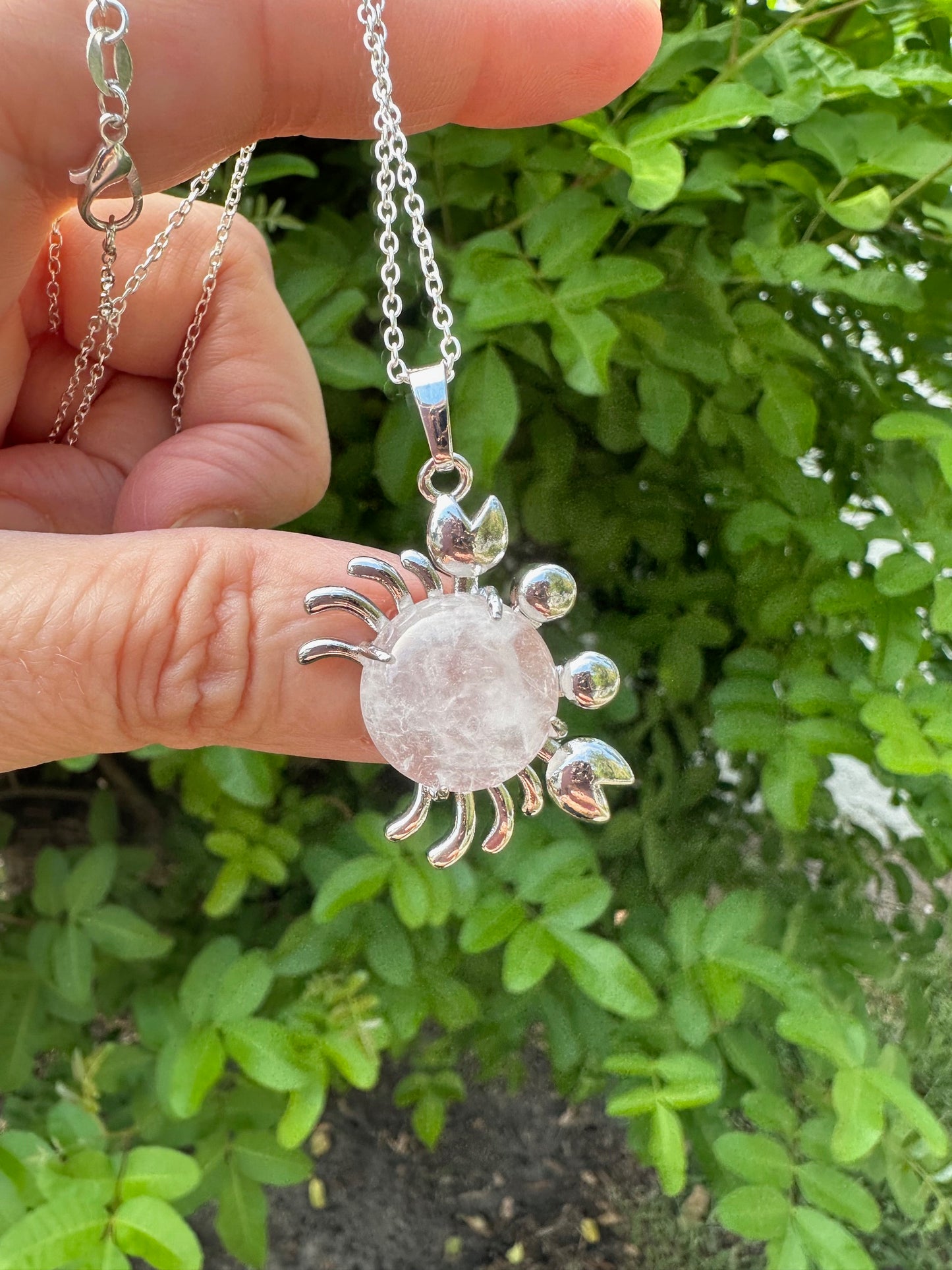 Round Clear Quartz Crab Pendant Necklace