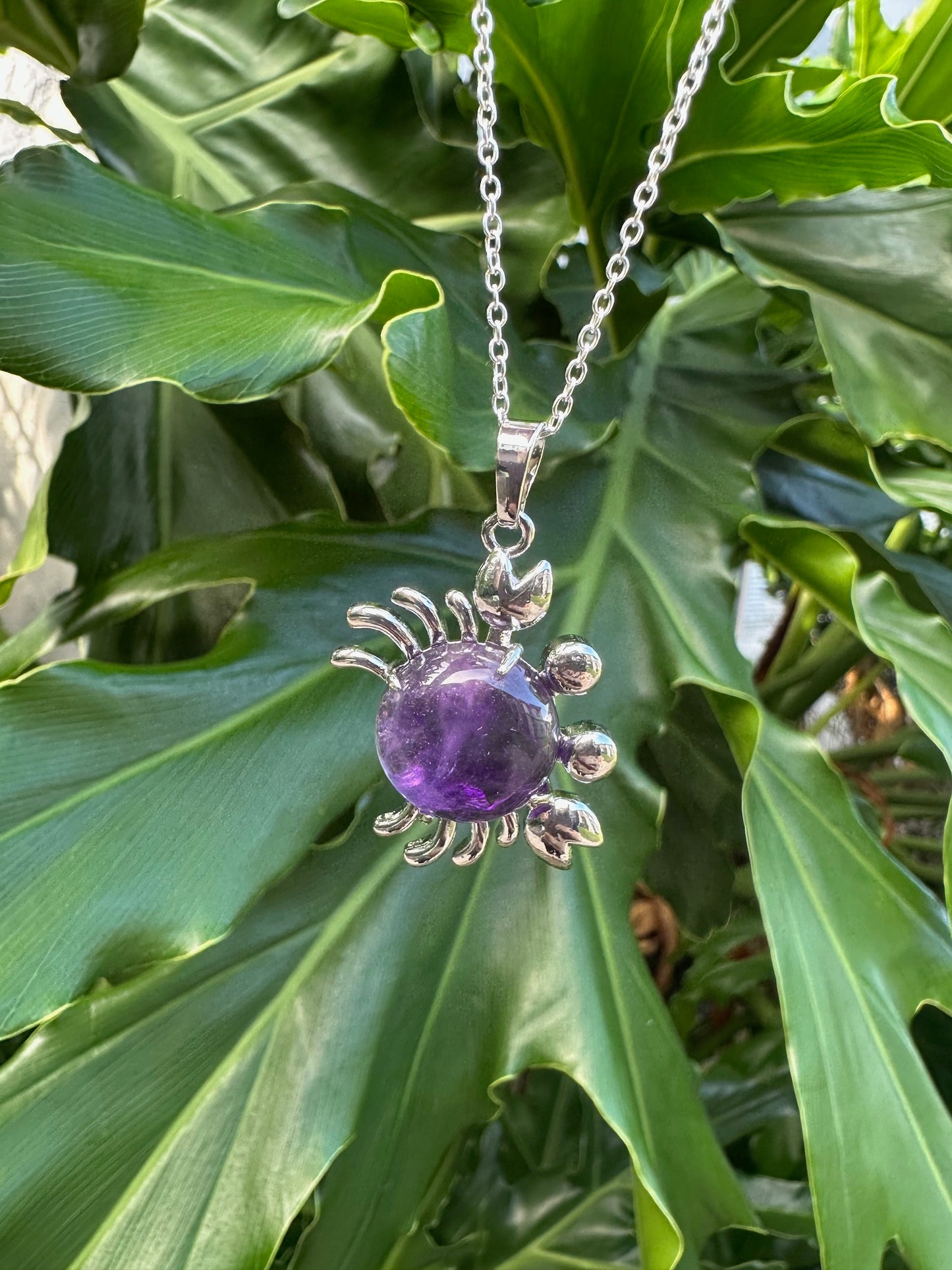 Round Amethyst Crab Pendant Necklace