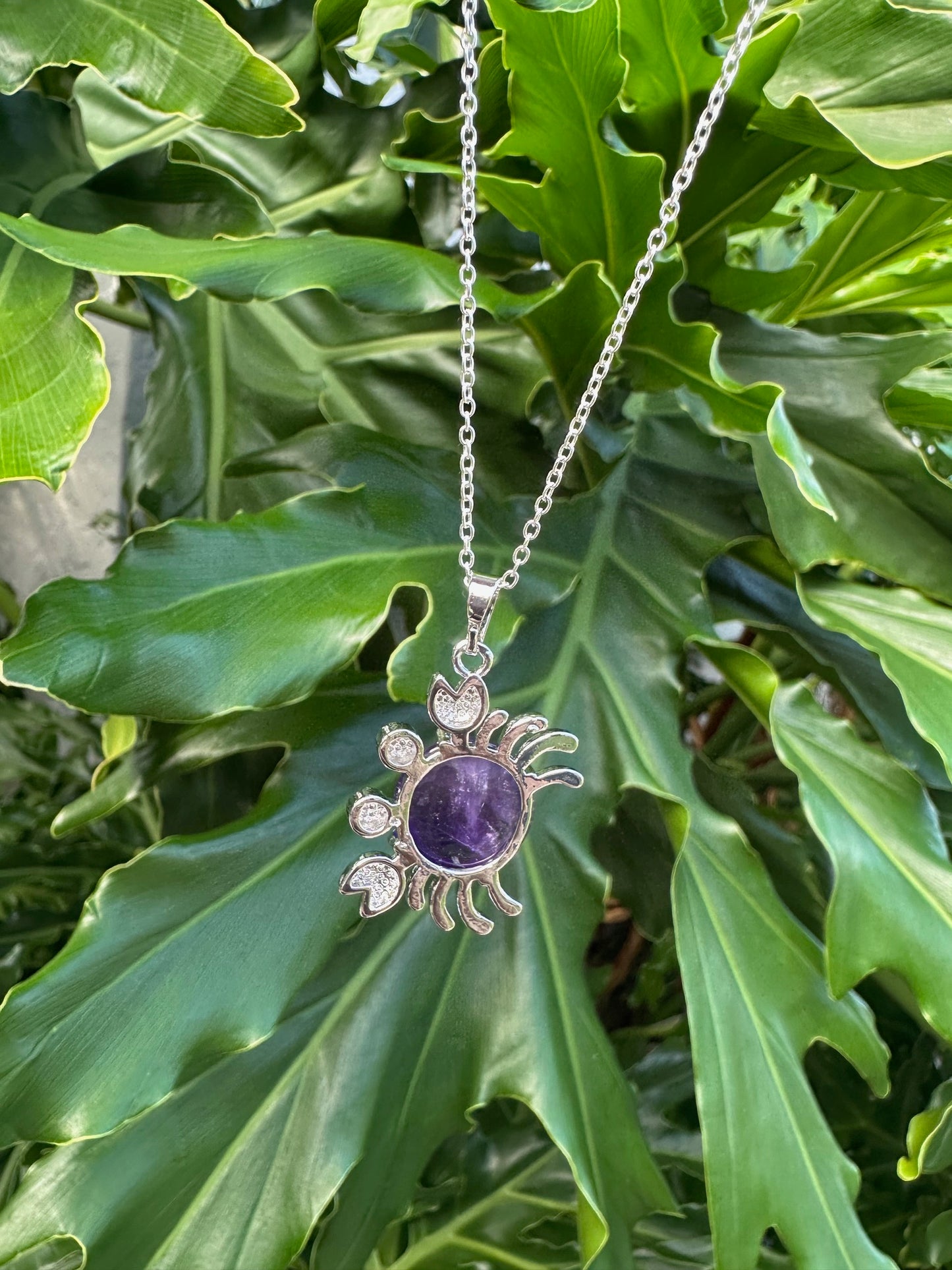 Round Amethyst Crab Pendant Necklace