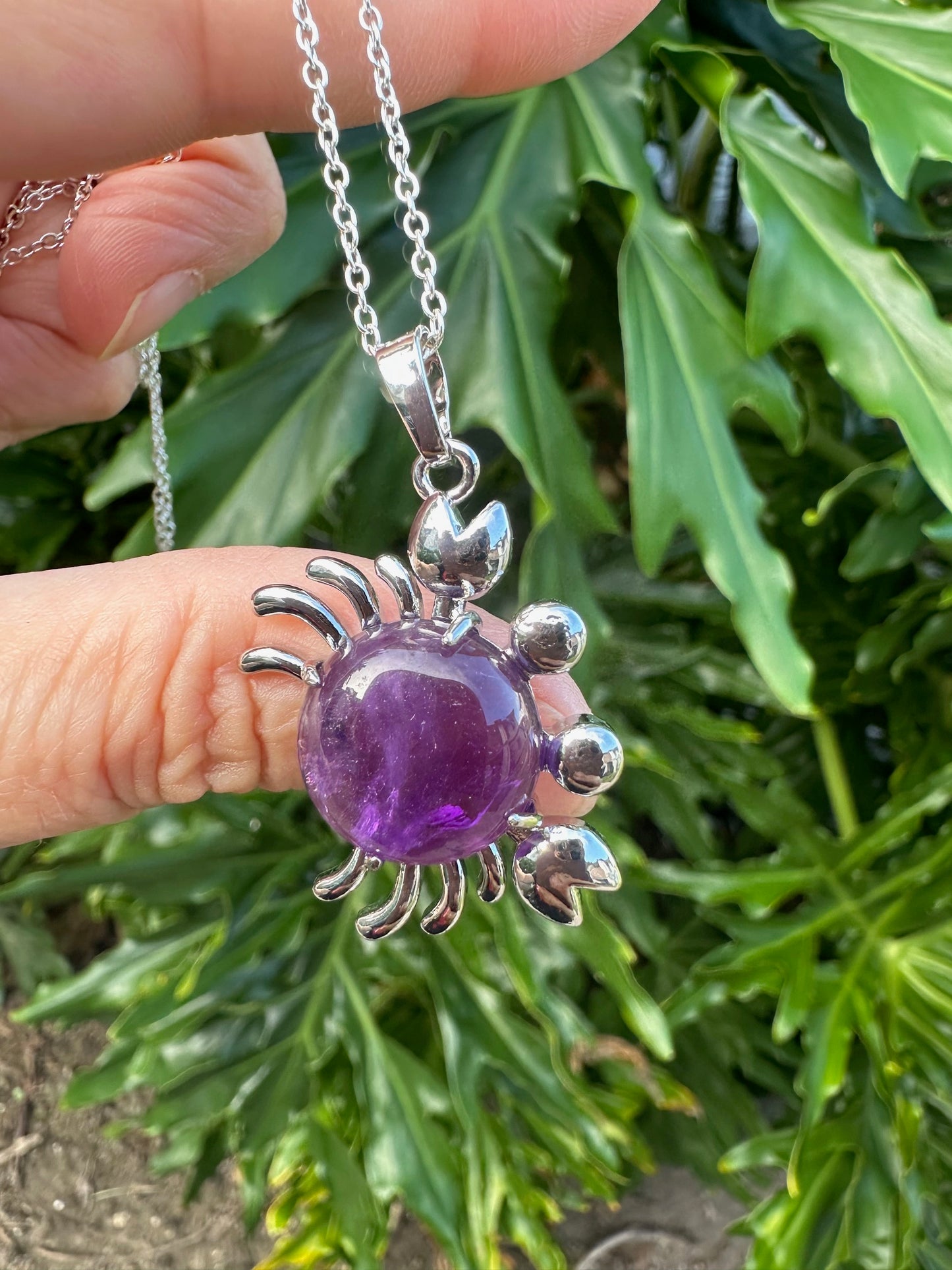Round Amethyst Crab Pendant Necklace