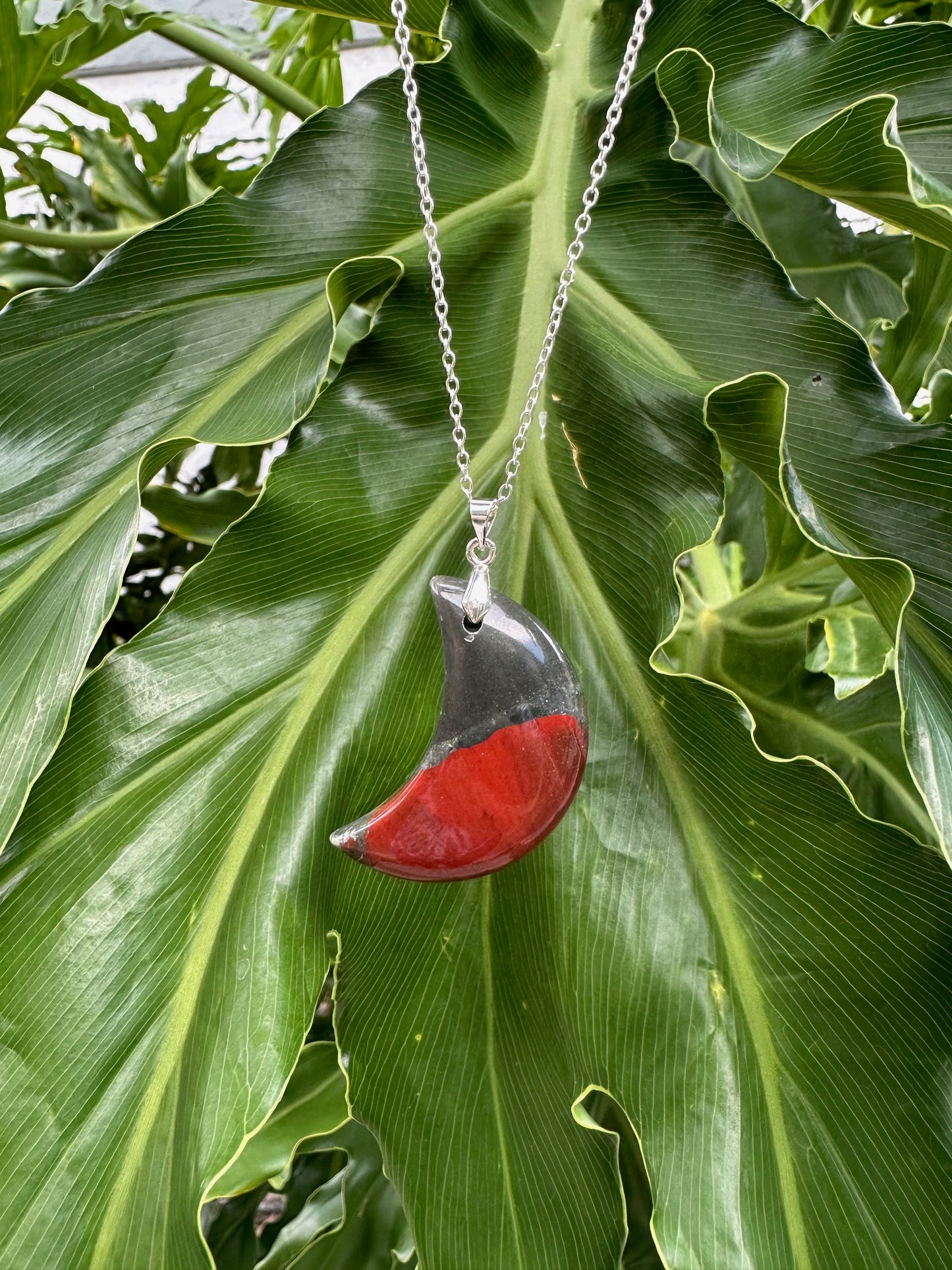 African Bloodstone Crescent Pendant Necklace