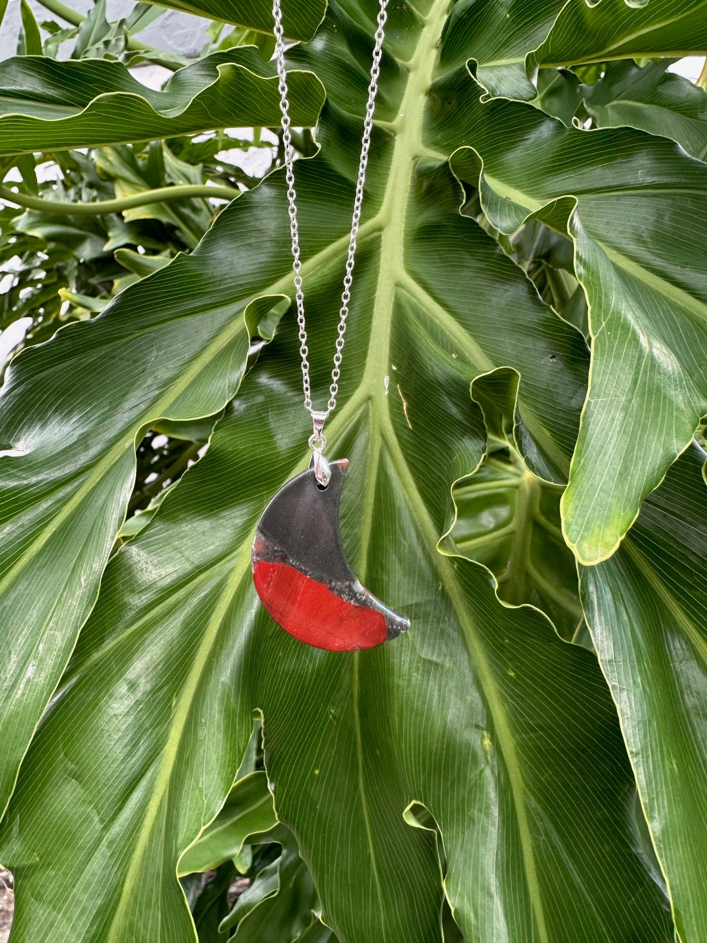 African Bloodstone Crescent Pendant Necklace