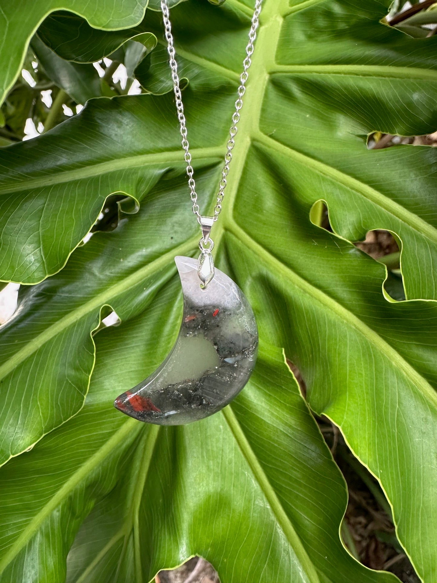 African Bloodstone Crescent Pendant Necklace