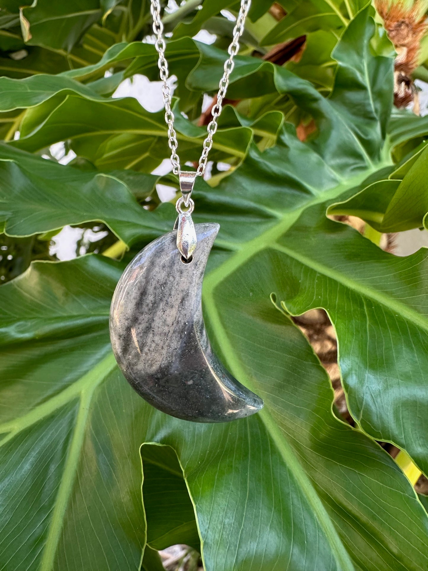 African Bloodstone Crescent Pendant Necklace