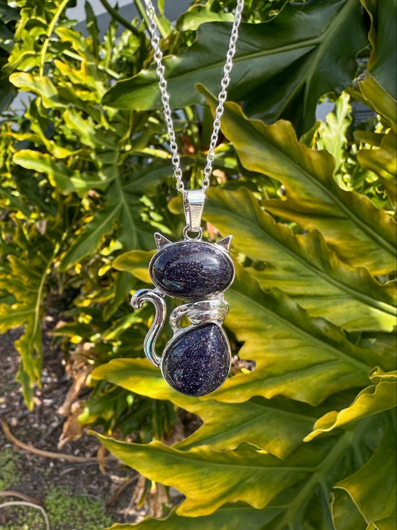 Large Blue Goldstone Cat Necklace