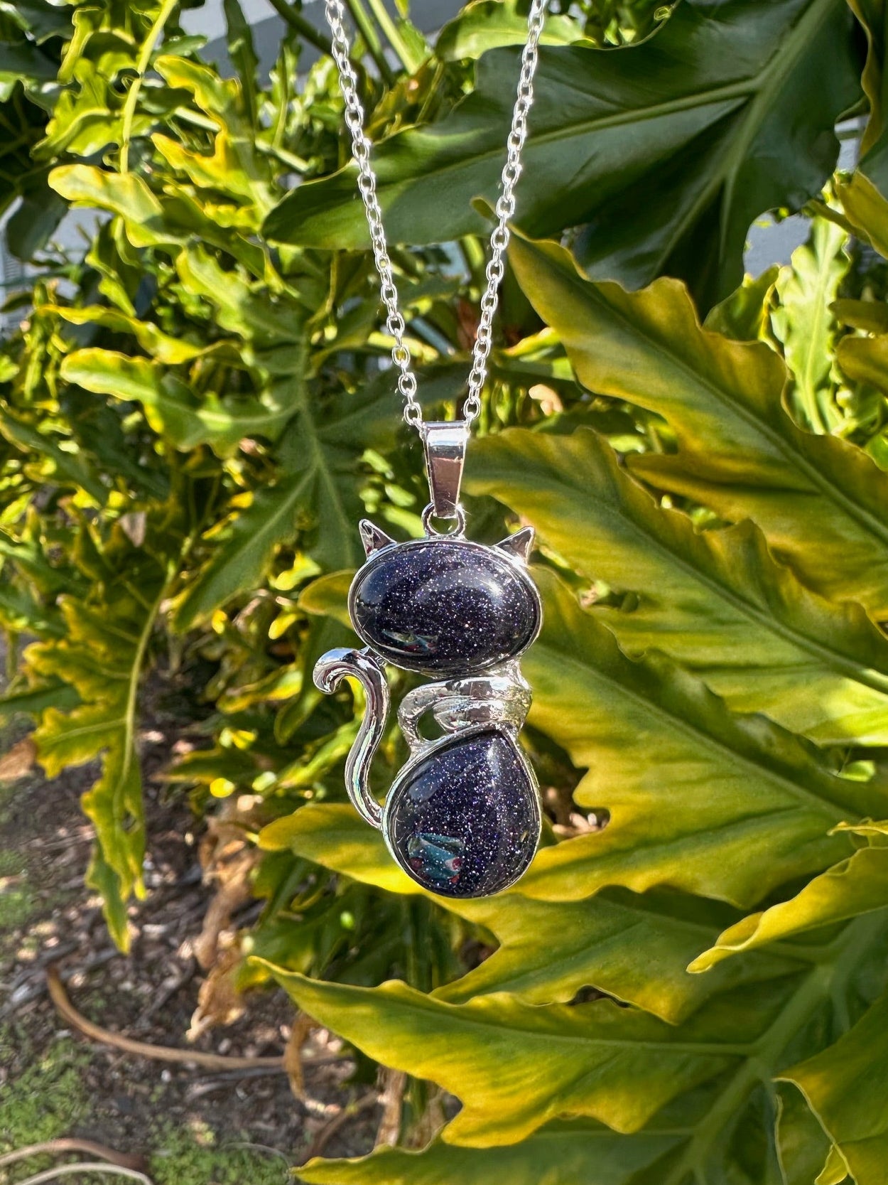Large Blue Goldstone Cat Necklace
