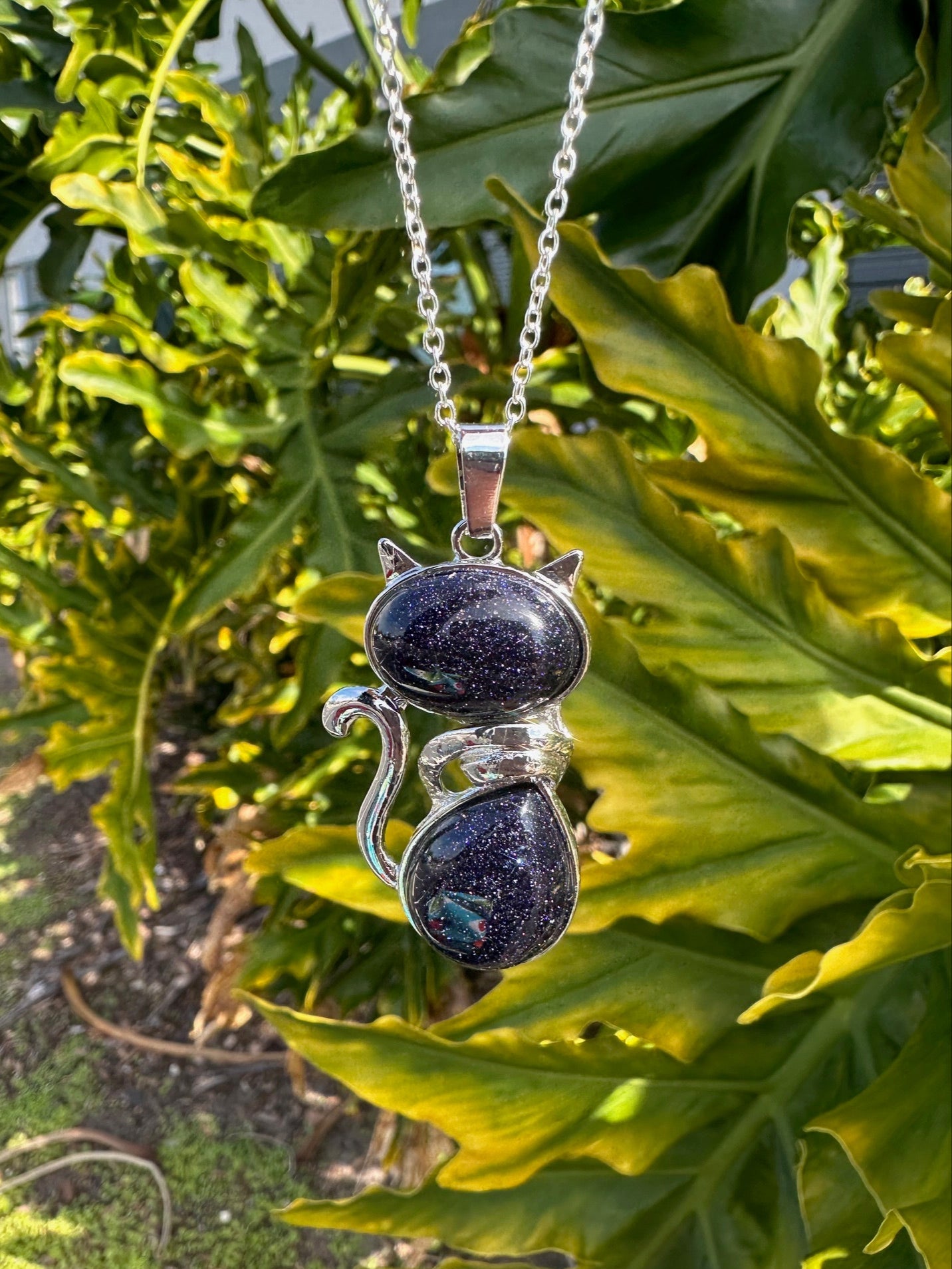 Large Blue Goldstone Cat Necklace
