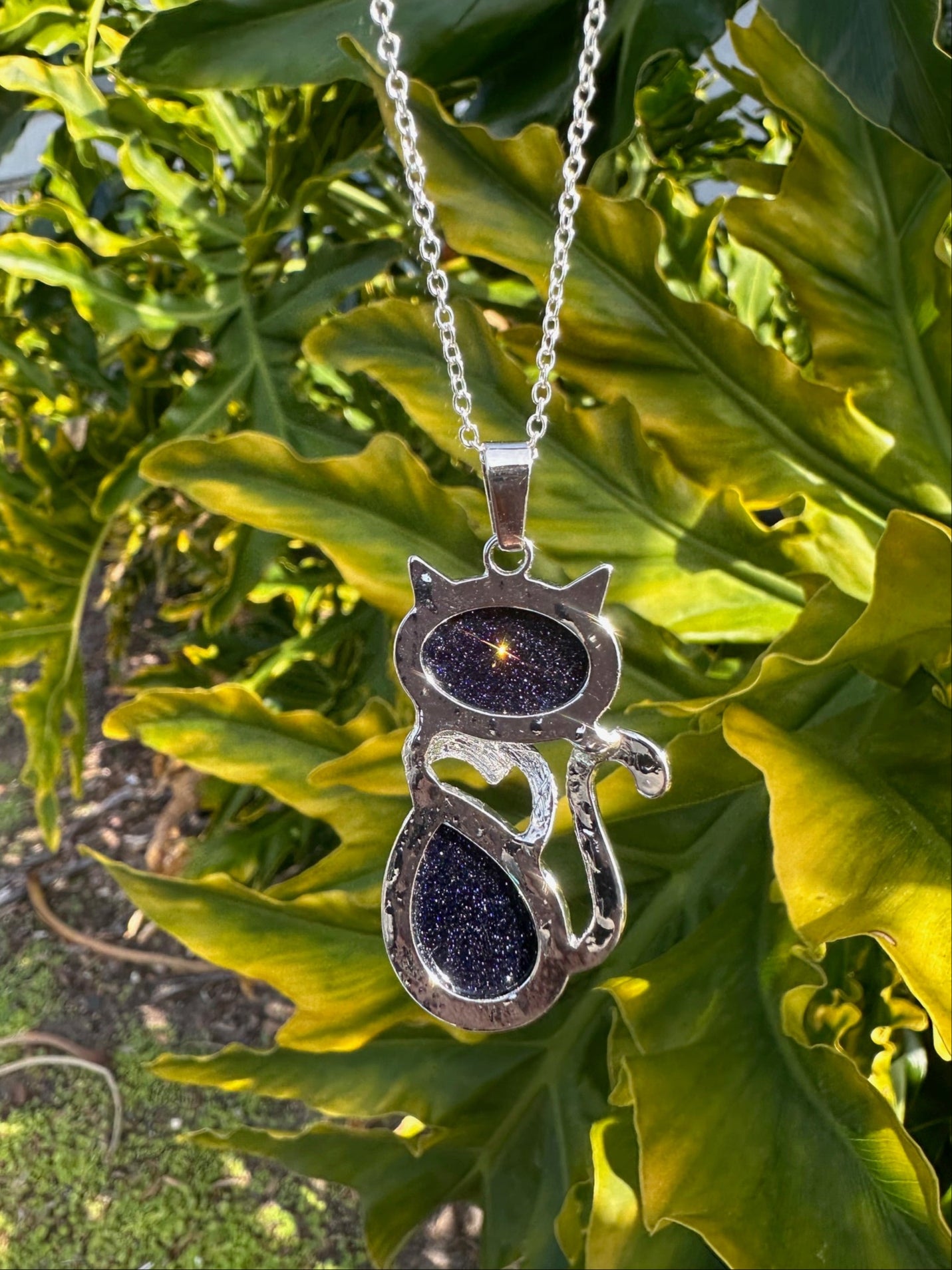 Large Blue Goldstone Cat Necklace