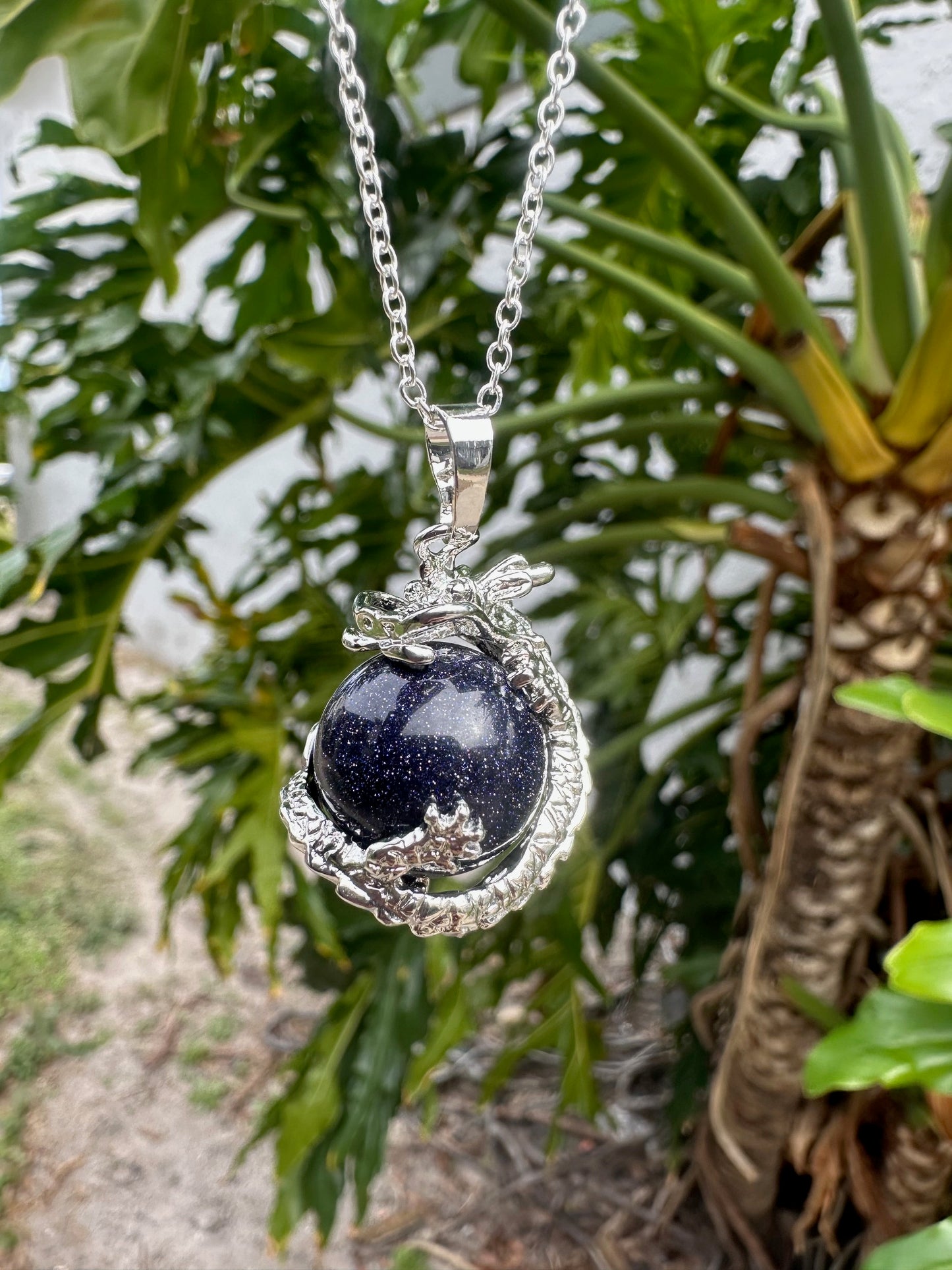 Blue Goldstone Dragon Ball Pendant Necklace