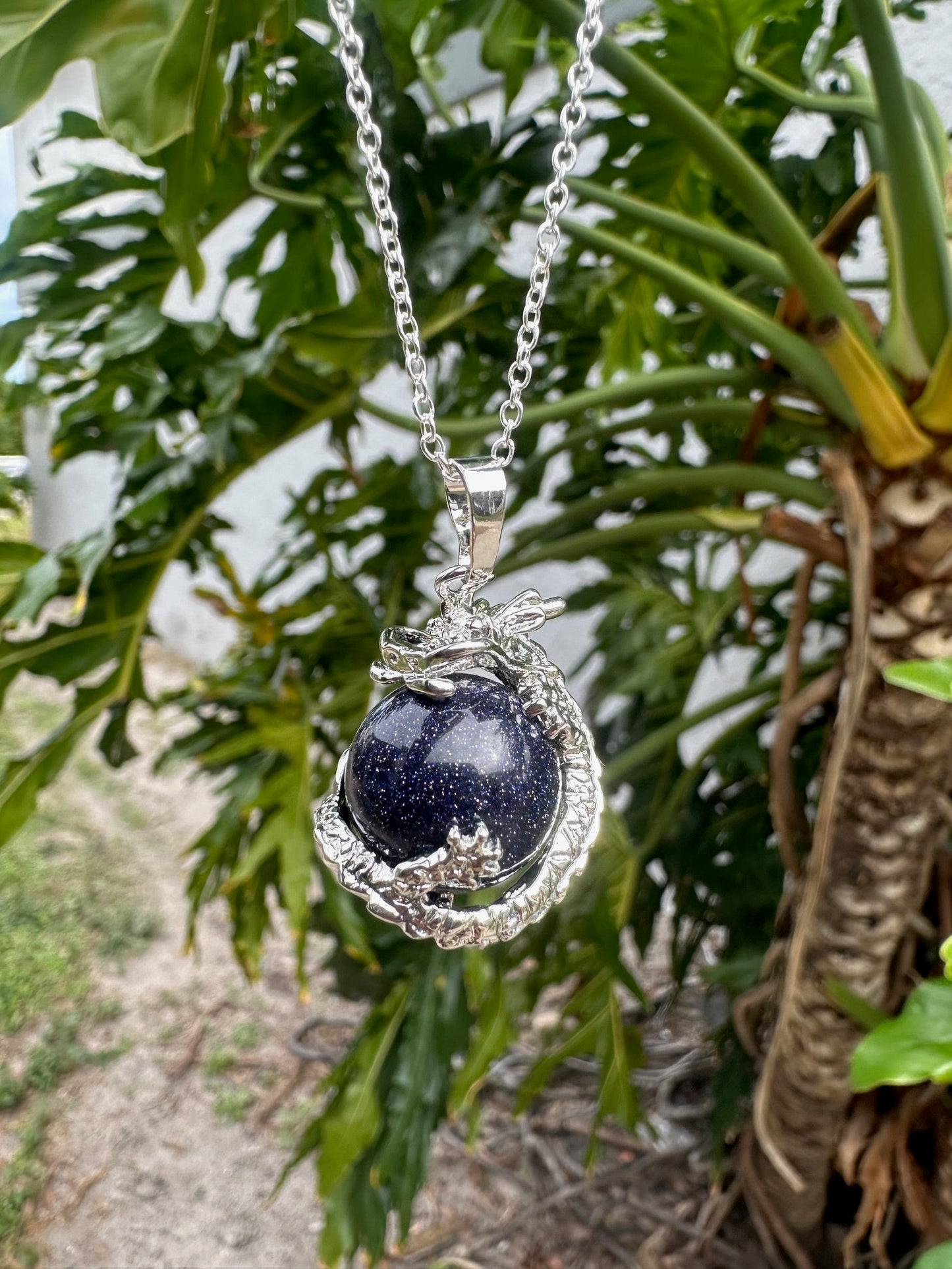 Blue Goldstone Dragon Ball Pendant Necklace
