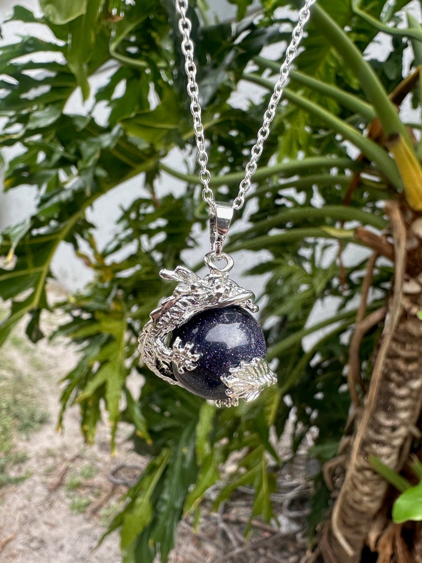 Blue Goldstone Dragon Ball Pendant Necklace