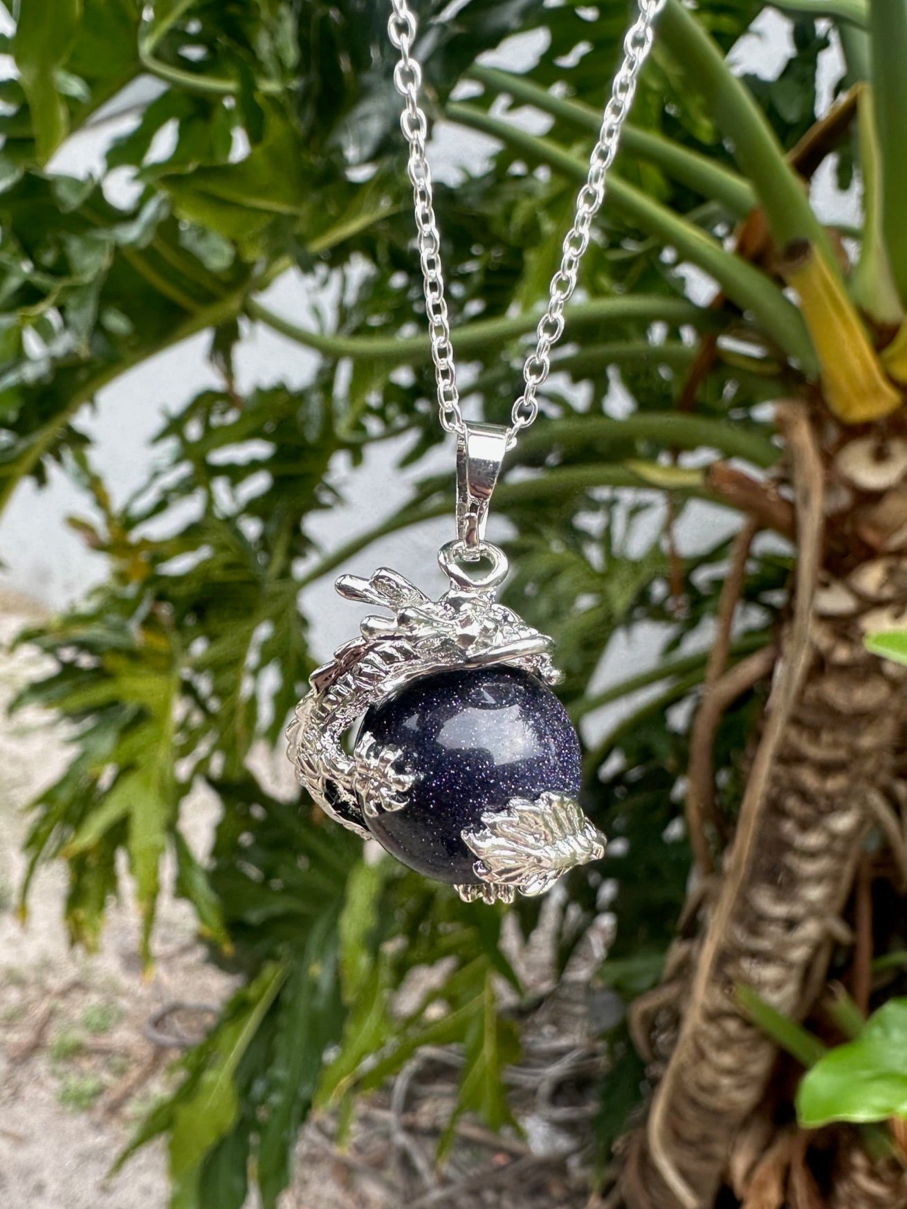 Blue Goldstone Dragon Ball Pendant Necklace