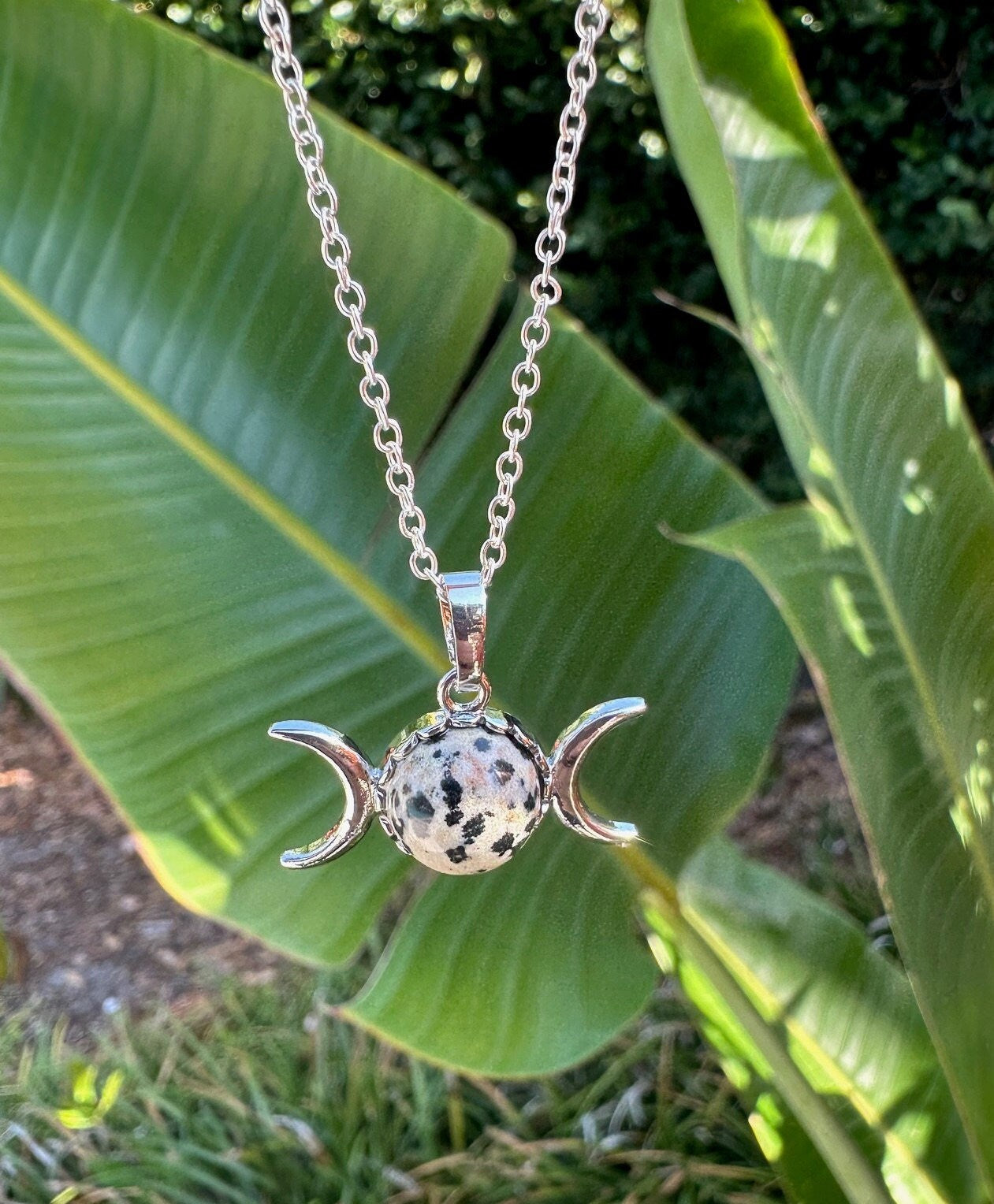 Dalmatian Jasper Celestial 2 Moon Pendant Necklace