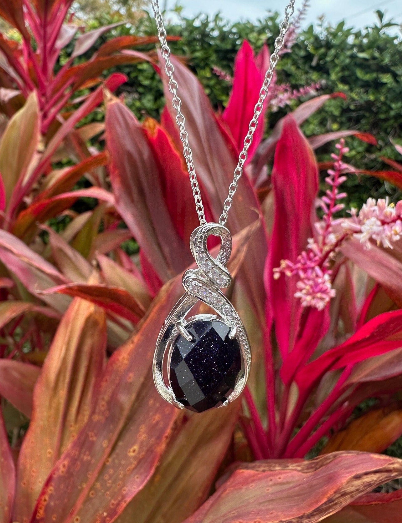 Blue Goldstone Swirl Pendant Necklace