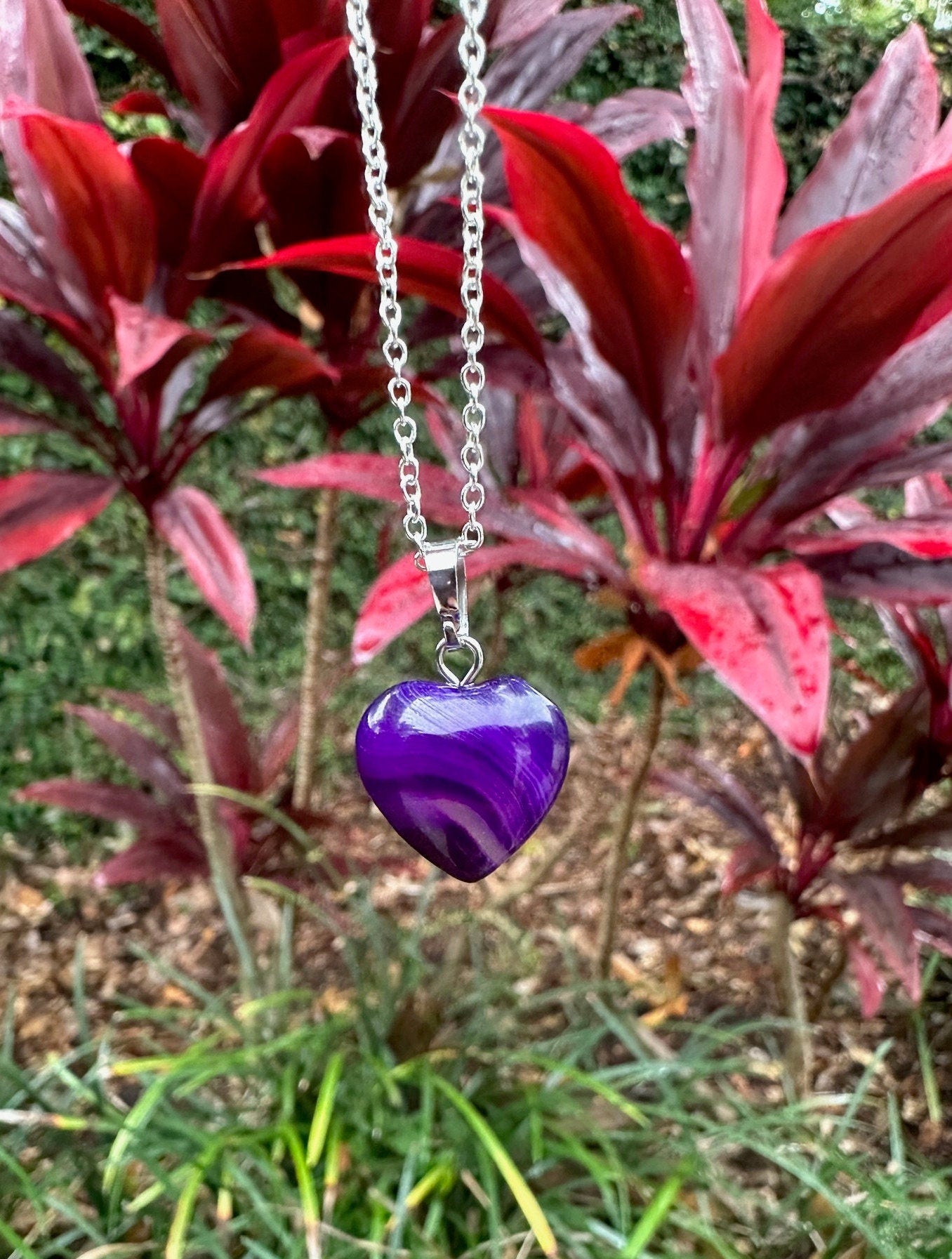 Purple Agate Heart Pendant Necklace