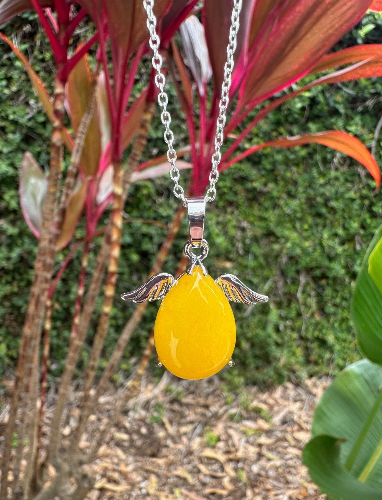 Dyed Yellow Jade Angelic Egg Pendant Necklace