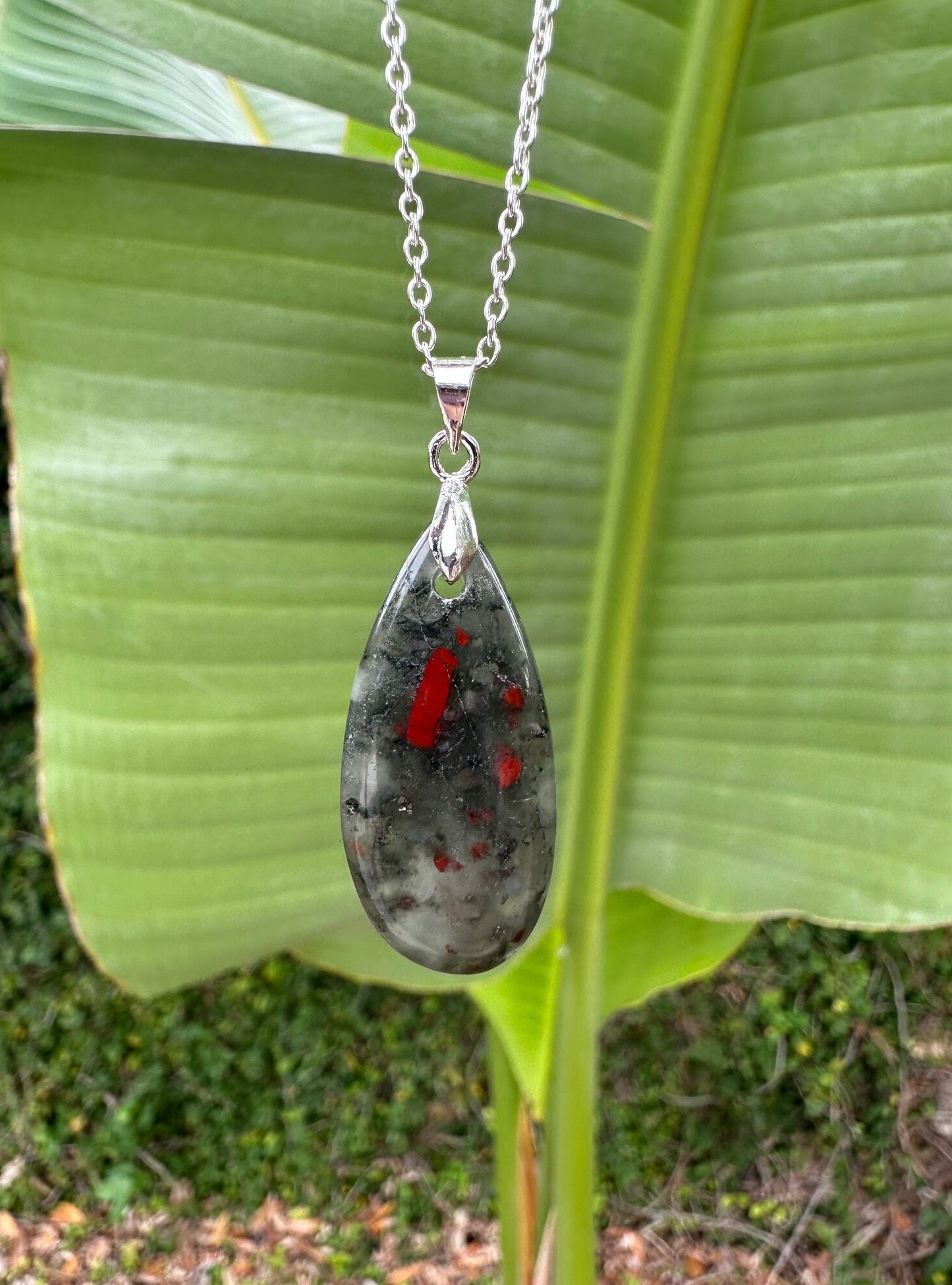 African Bloodstone Teardrop Pendant Necklace