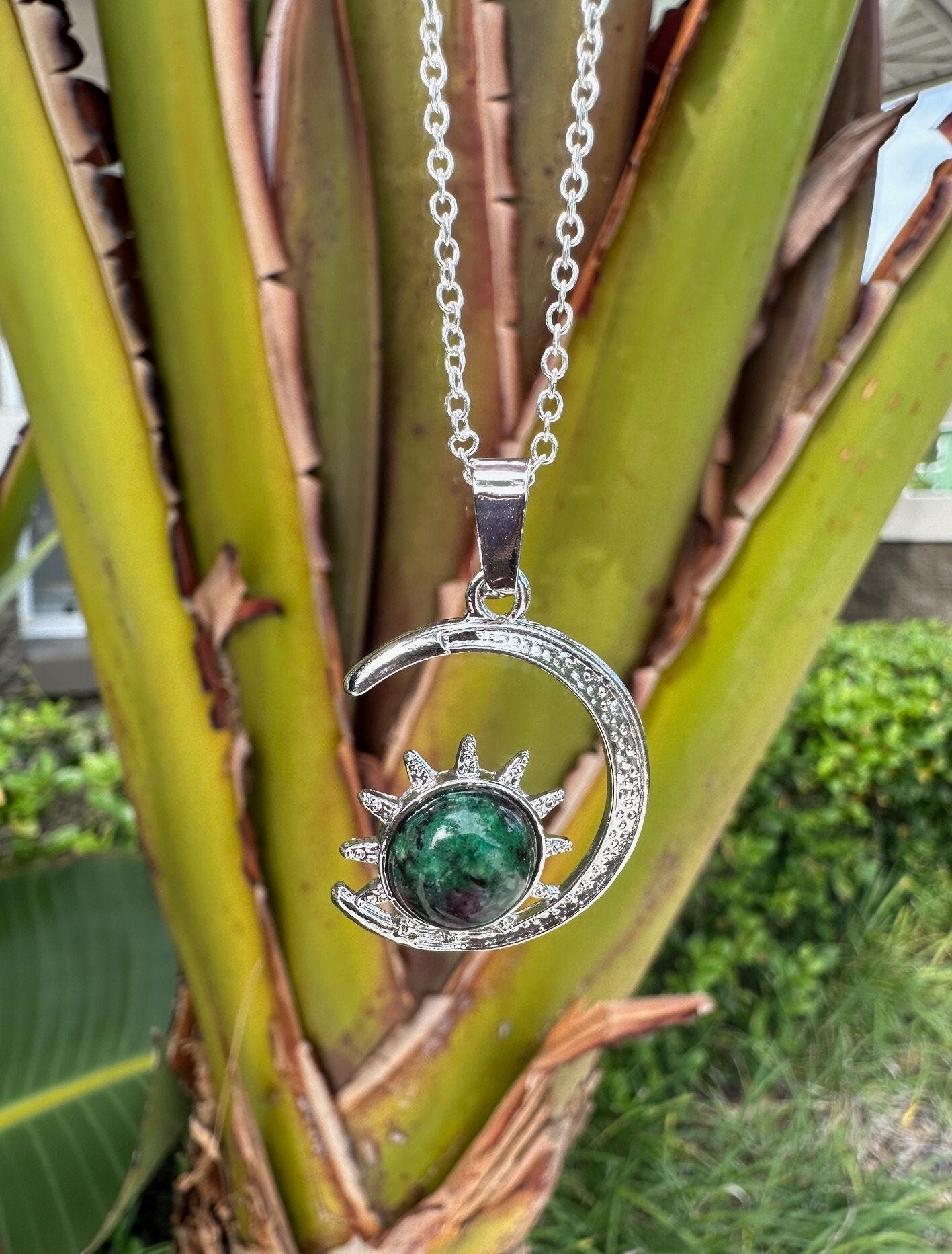 Ruby Zoisite Crescent Sun Pendant Necklace