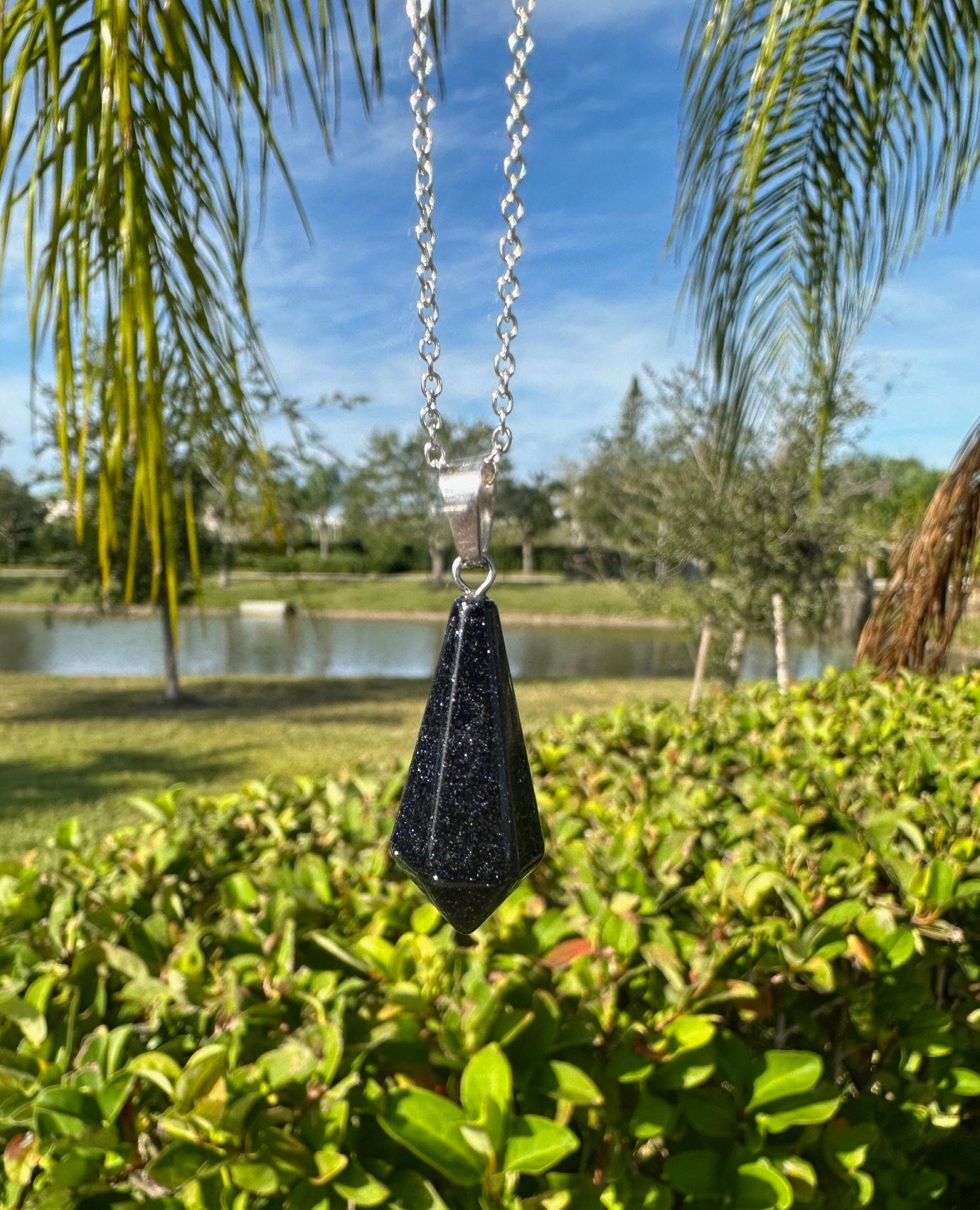 Blue Goldstone Hexagon Pendant Necklace