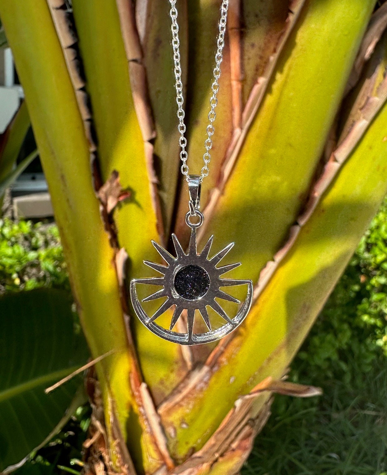 Blue Goldstone Sun Moon Pendant Necklace