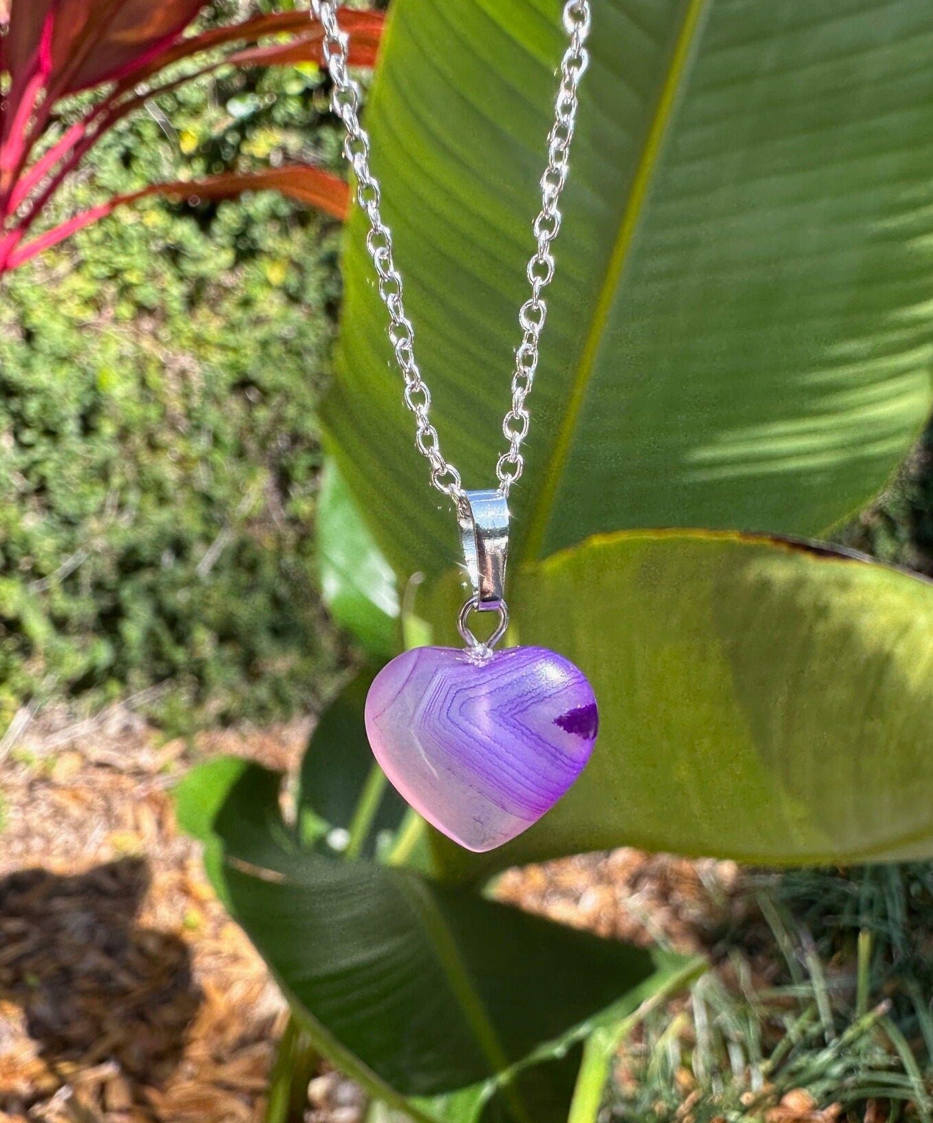 Purple Agate Heart Pendant Necklace