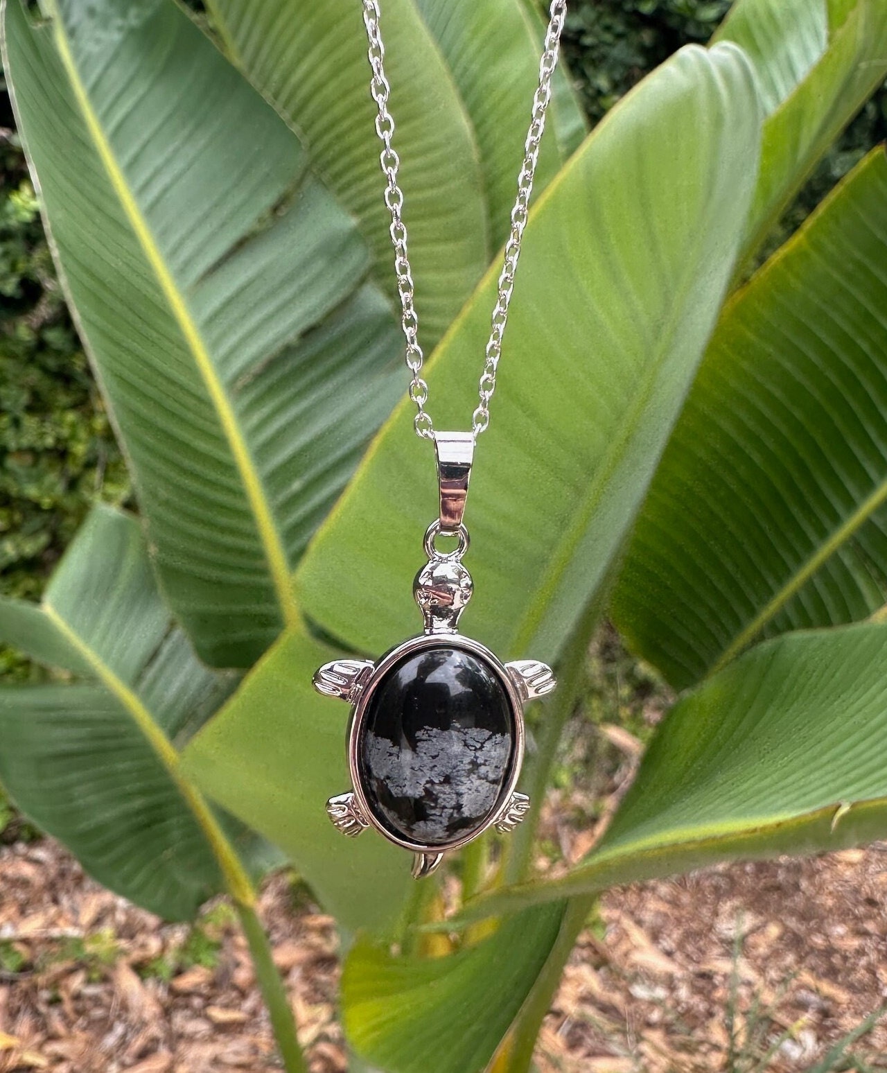 Snowflake Obsidian Turtle Necklace