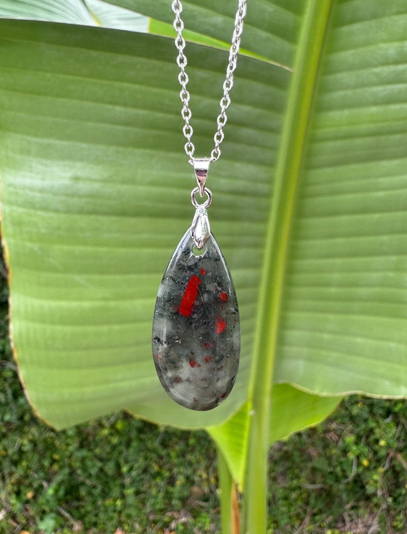 African Bloodstone Teardrop Pendant Necklace