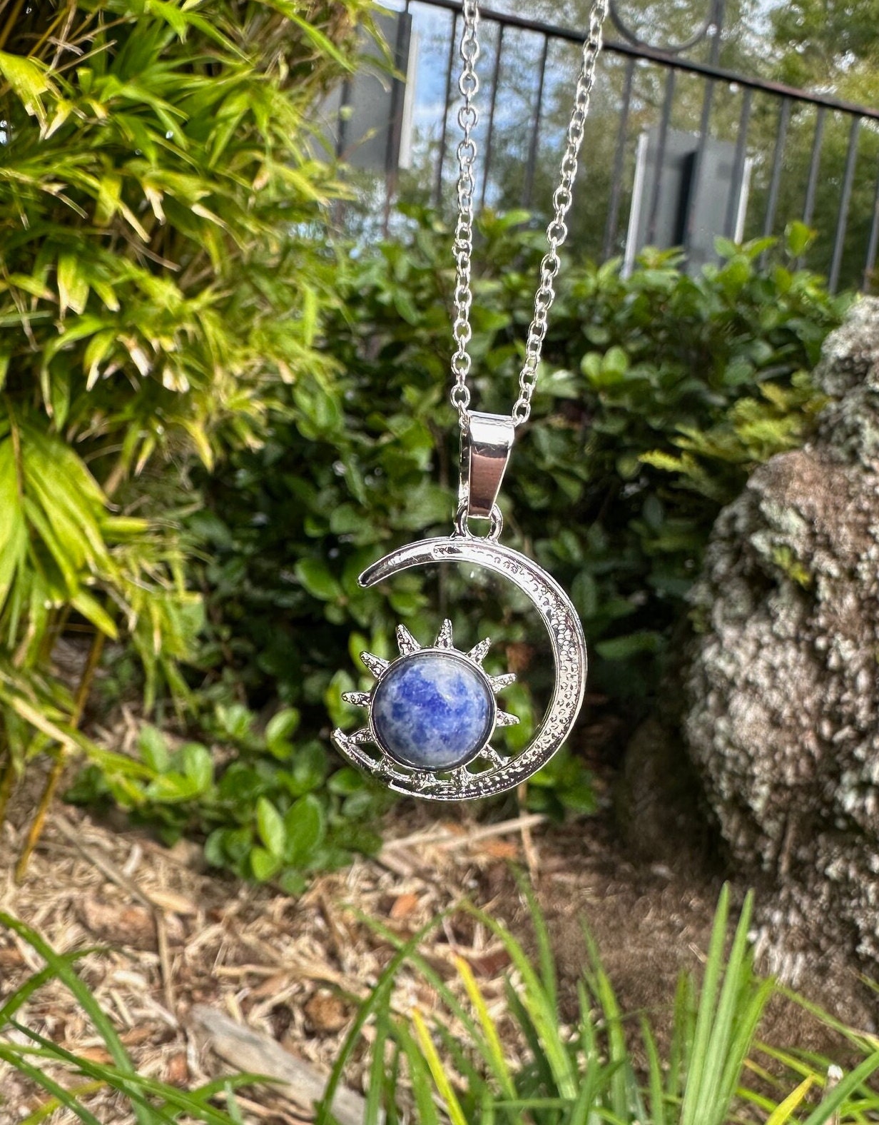 Blue Spot Jasper Crescent Sun Pendant Necklace