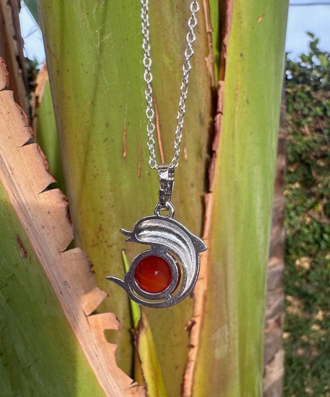 Red Agate Dolphin Pendant Necklace