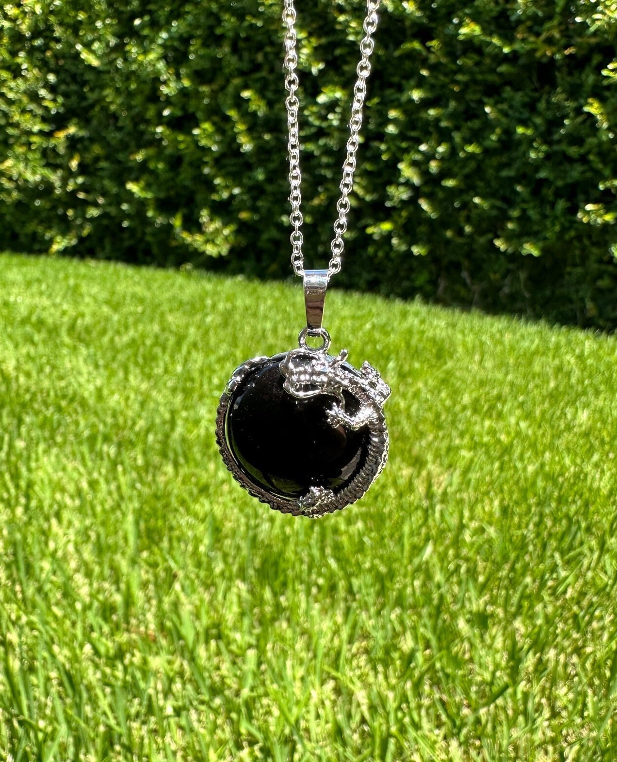 Obsidian Dragon Flat Pendant Necklace