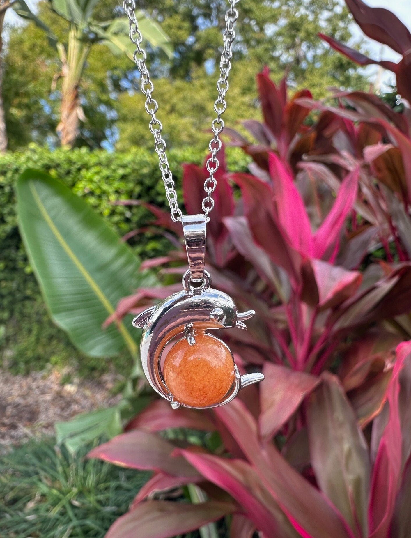 Orange Aventurine Dolphin Pendant Necklace