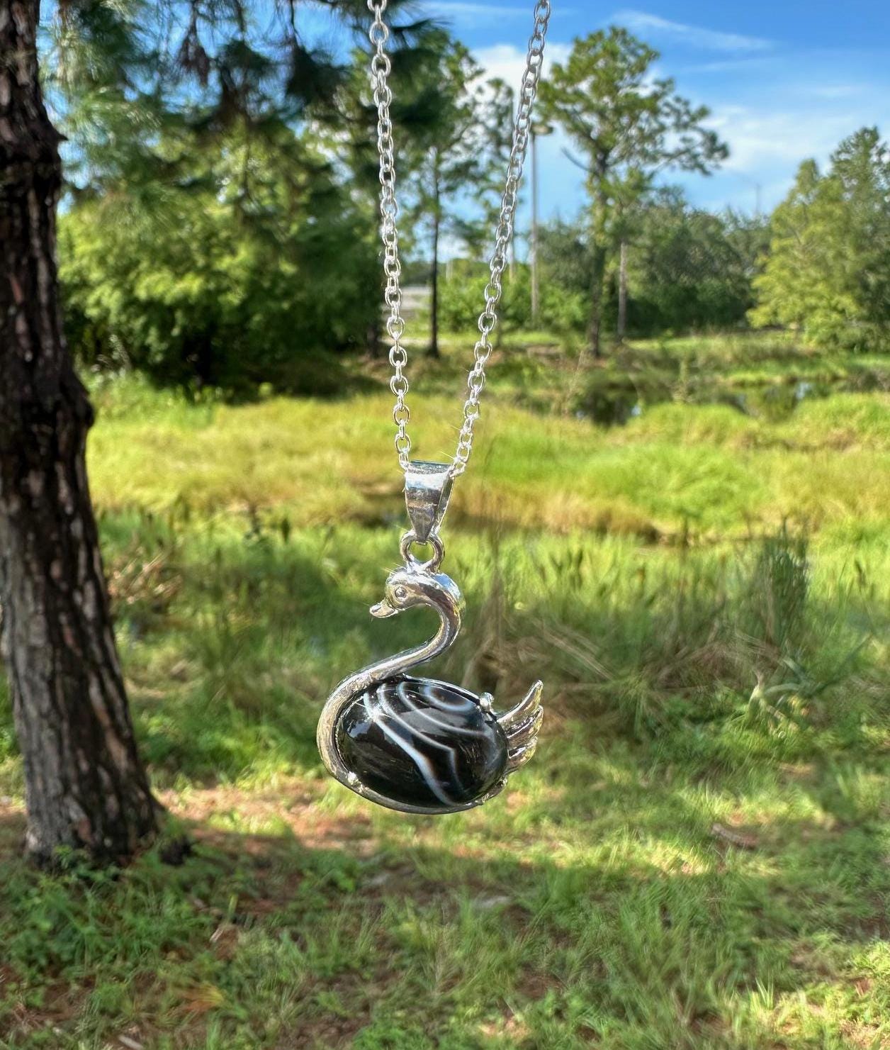 Black Stripes Agate Swan Necklace