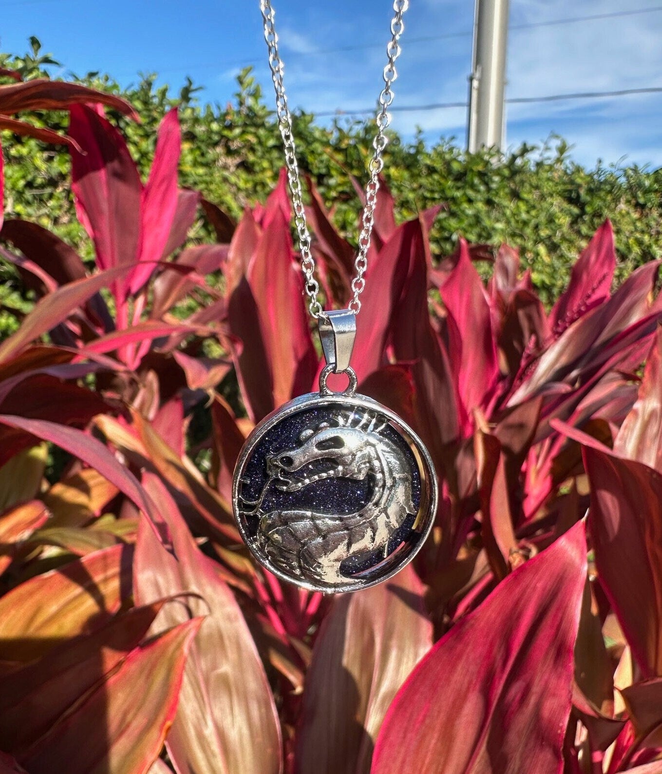 Blue Goldstone Dragon Face Pendant Necklace
