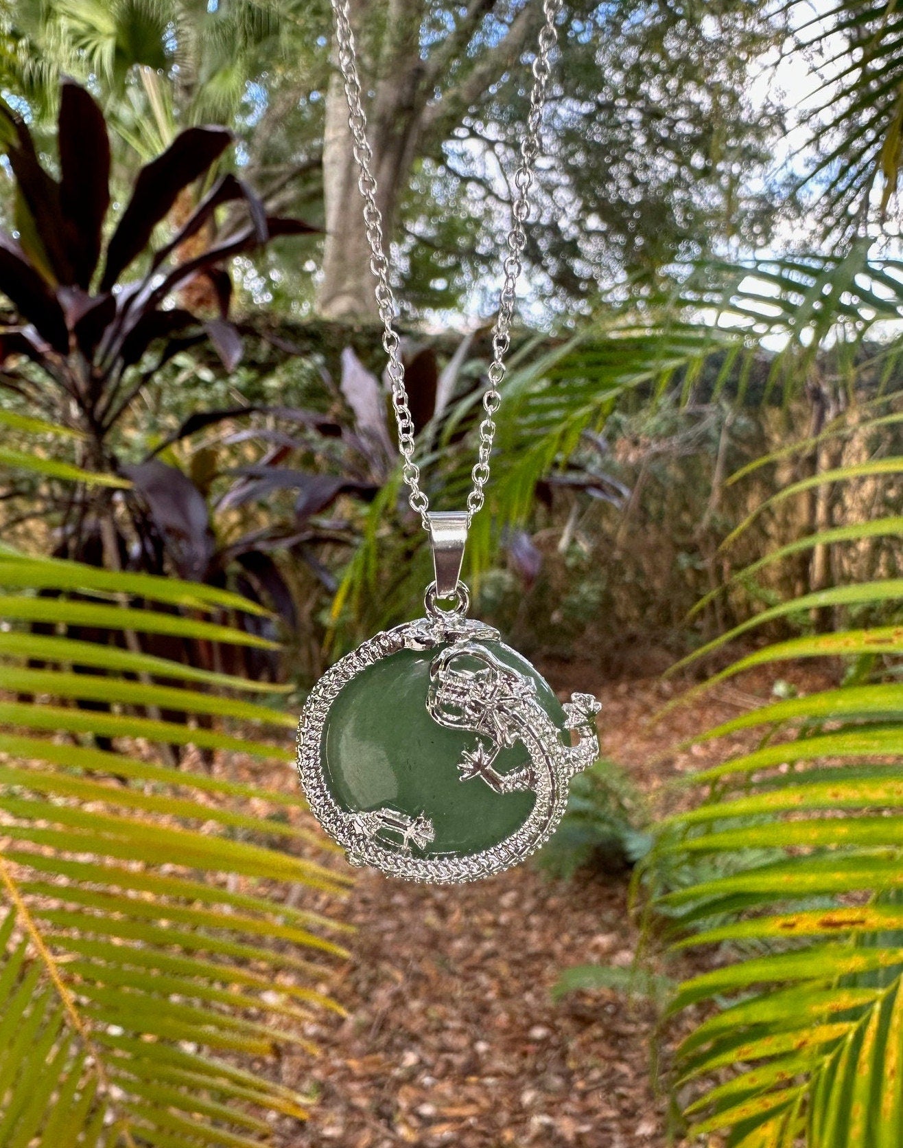 Green Aventurine Dragon Flat Pendant Necklace