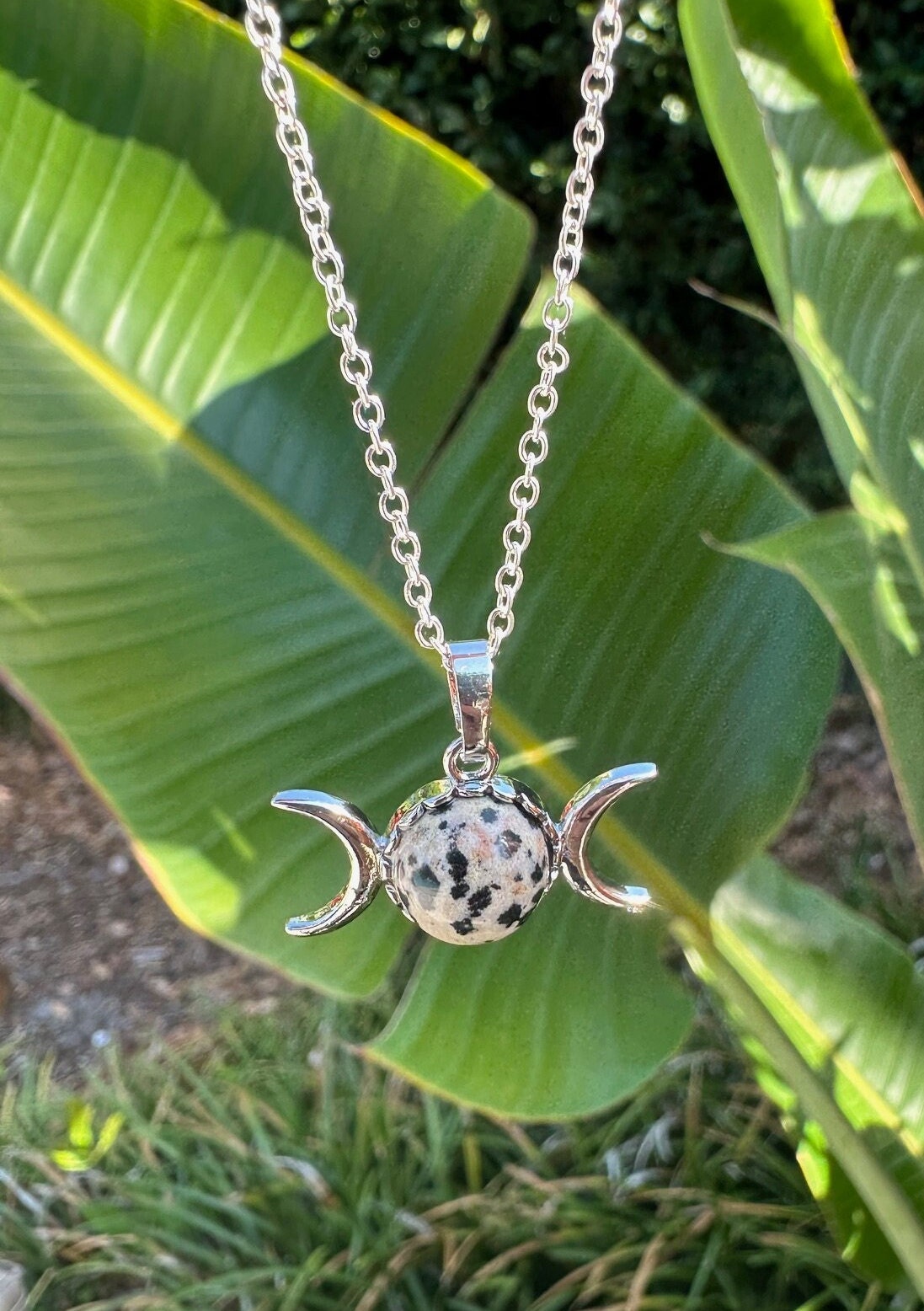 Dalmatian Jasper Celestial 2 Moon Pendant Necklace